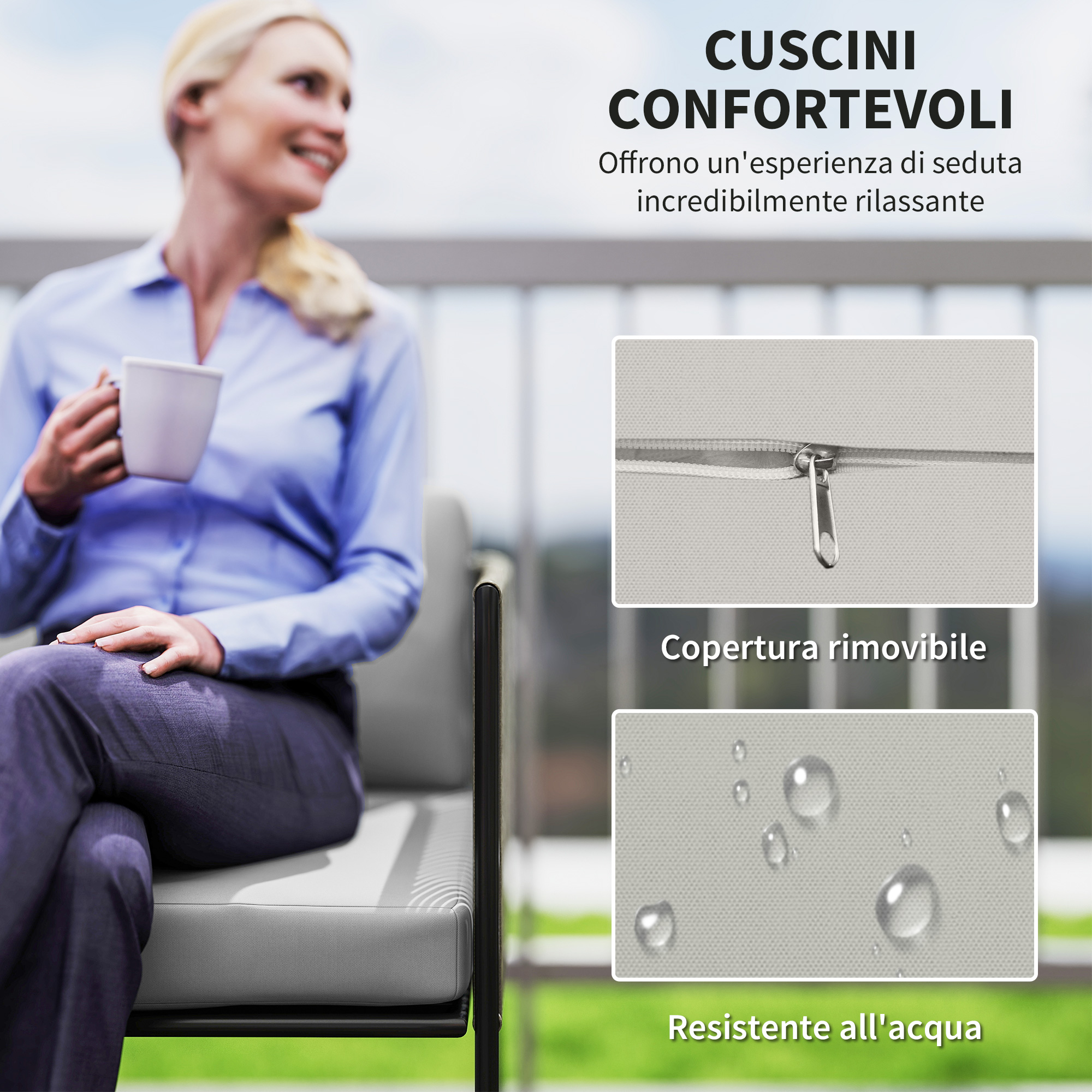 Donna con caffè su balcone, cuscino con zip e gocce d'acqua.