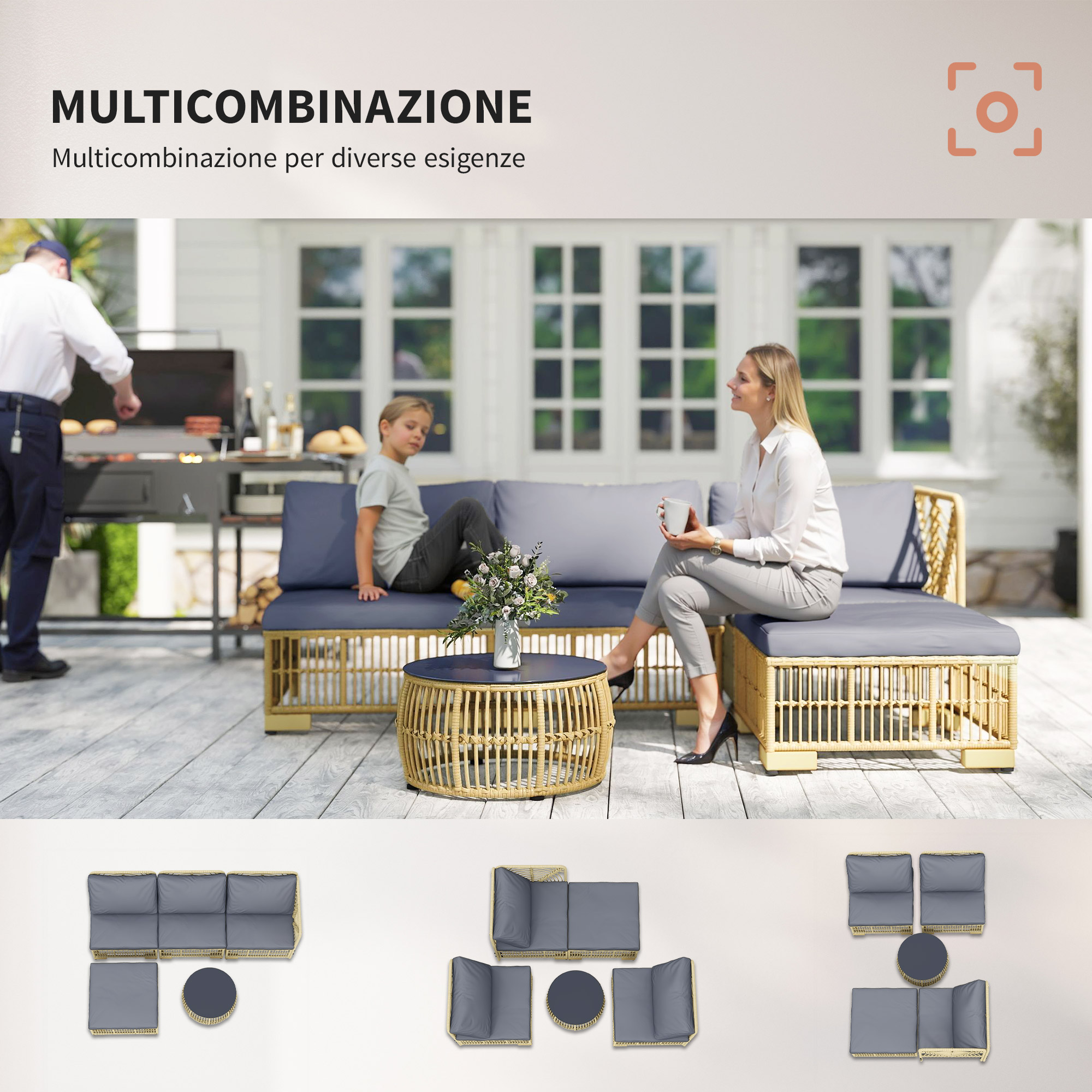 Una famiglia griglia e si rilassa all'aperto su un set di mobili da giardino.