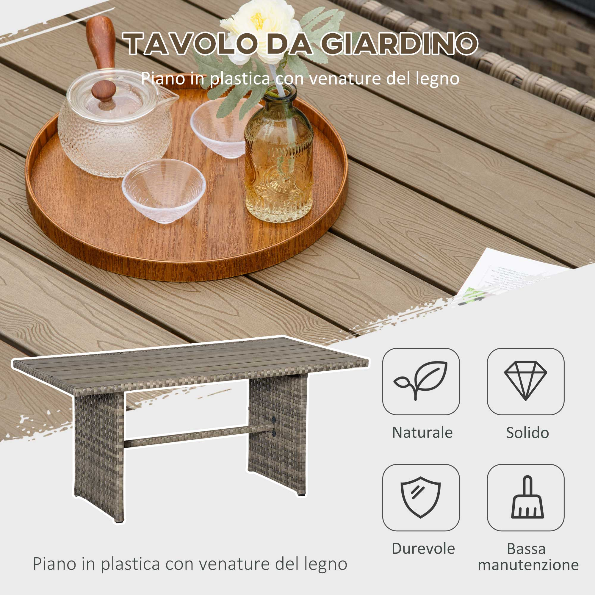 Tavolo da giardino in plastica con venature del legno, teiera, ciotole, vaso con fiore.