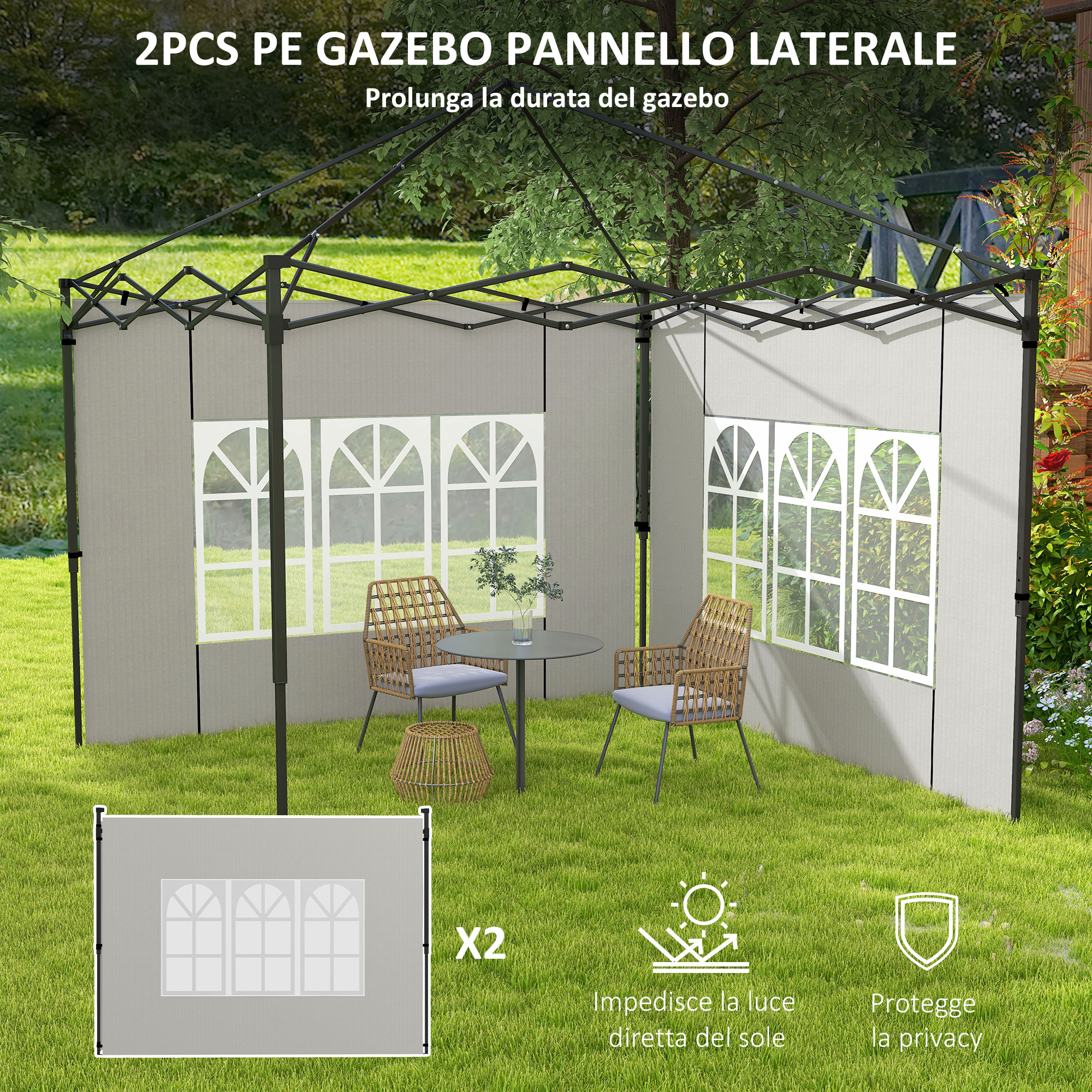 Un gazebo grigio con finestre si trova sull'erba, con due sedie e un tavolo.