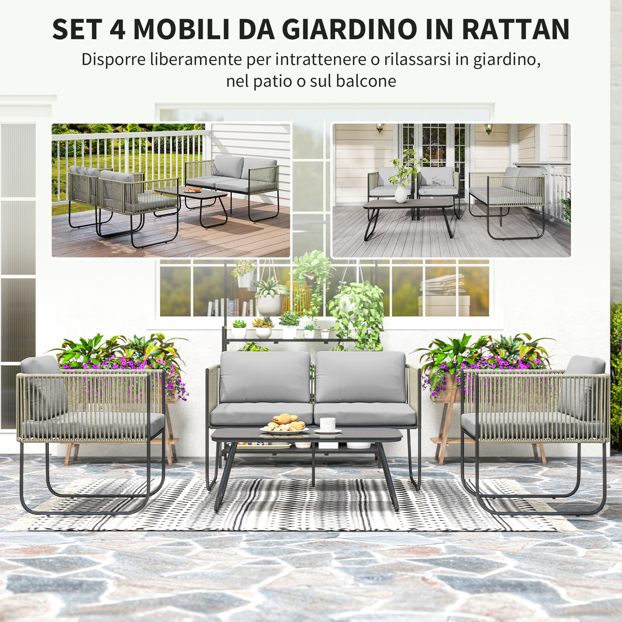 Set 4 mobili da giardino in rattan: divano, 2 poltrone, tavolino.