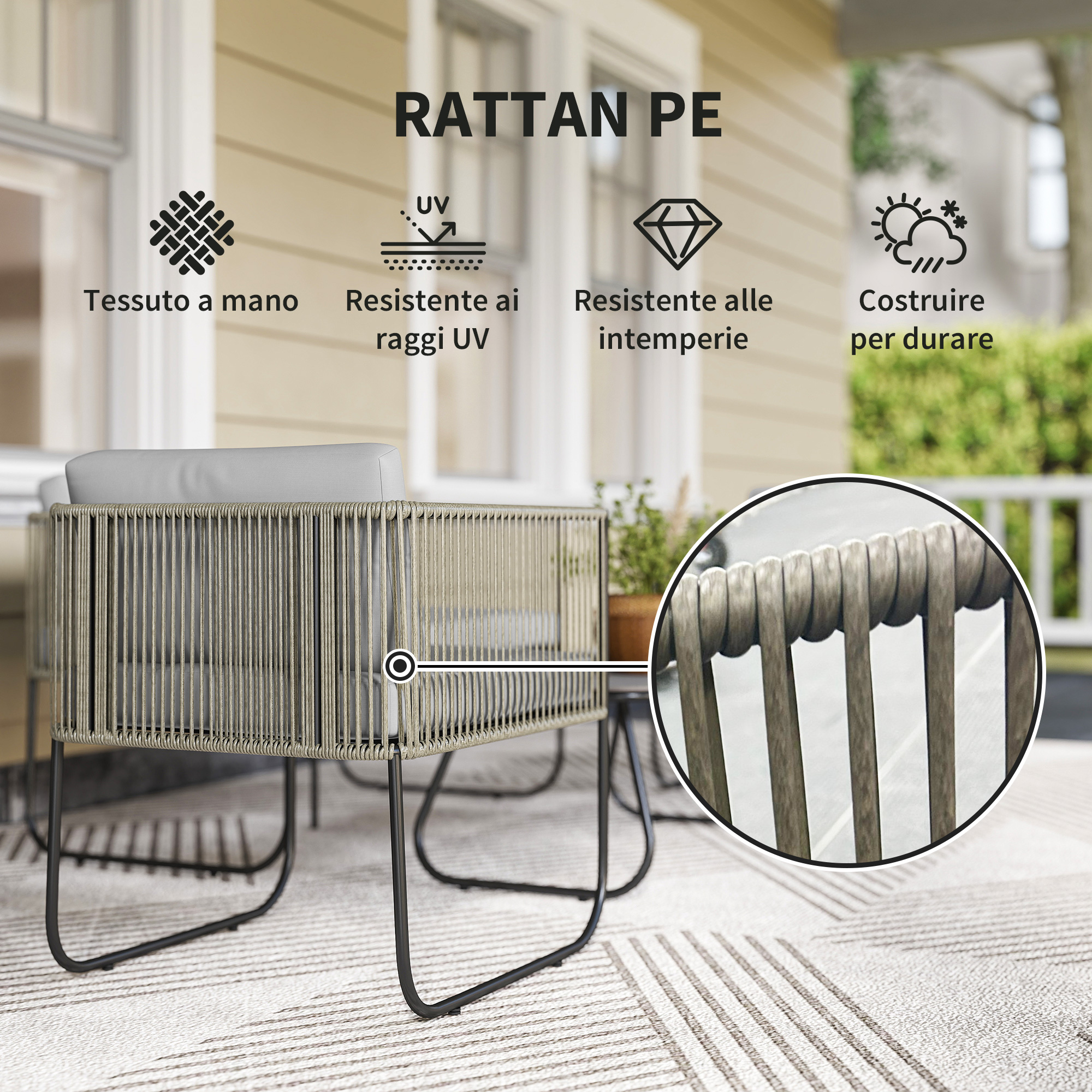 Arredo esterno in rattan PE, tessuto a mano, resistente UV e intemperie.