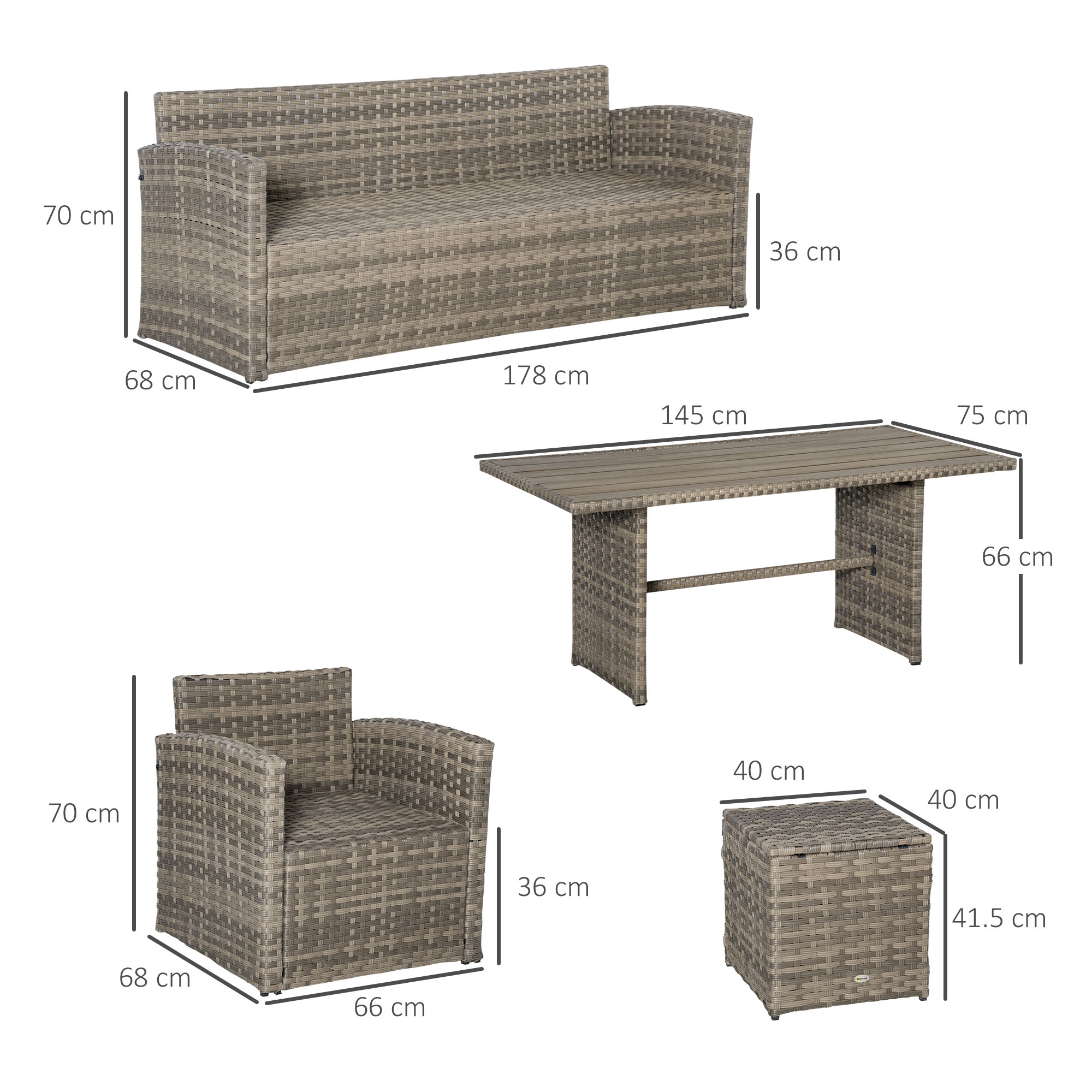 Set mobili da giardino in resina: divano, poltrona, tavolo e cubo.