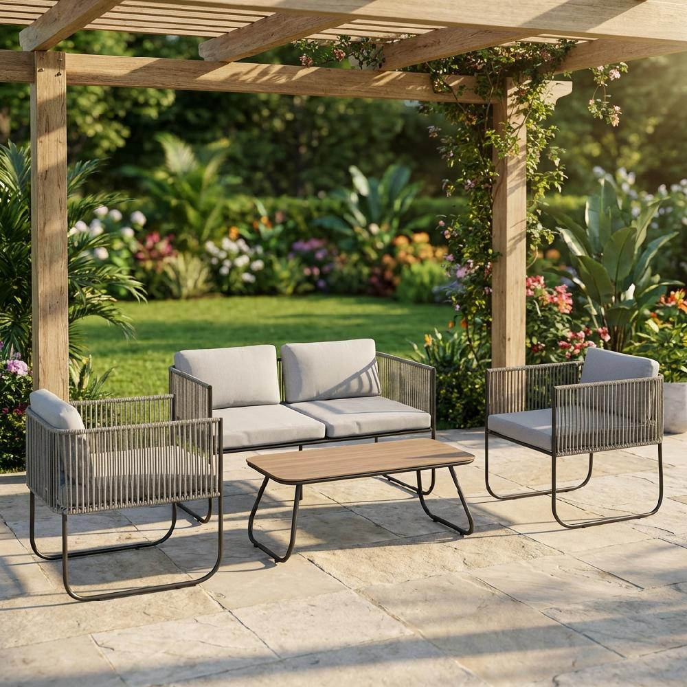 Set di mobili da esterno moderni sotto pergola in legno con fiori.
