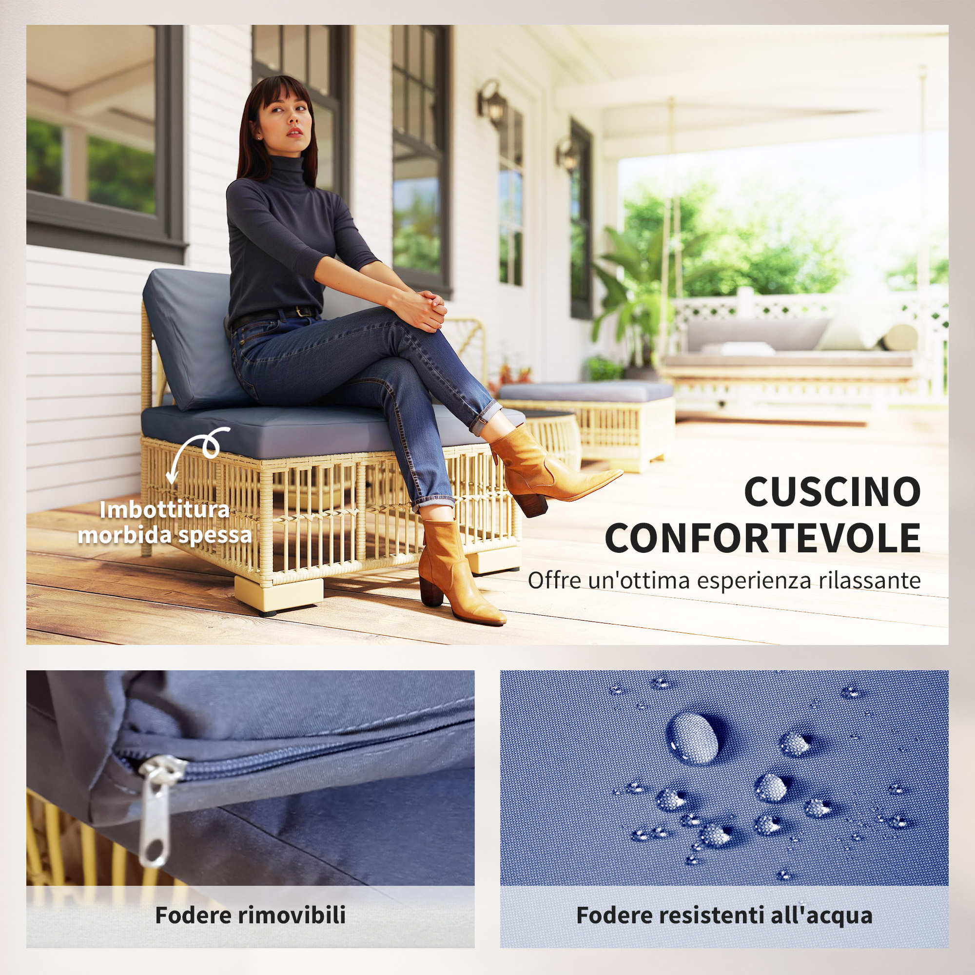 Donna su divano da veranda, primi piani dei cuscini mostrano fodere rimovibili e impermeabili.
