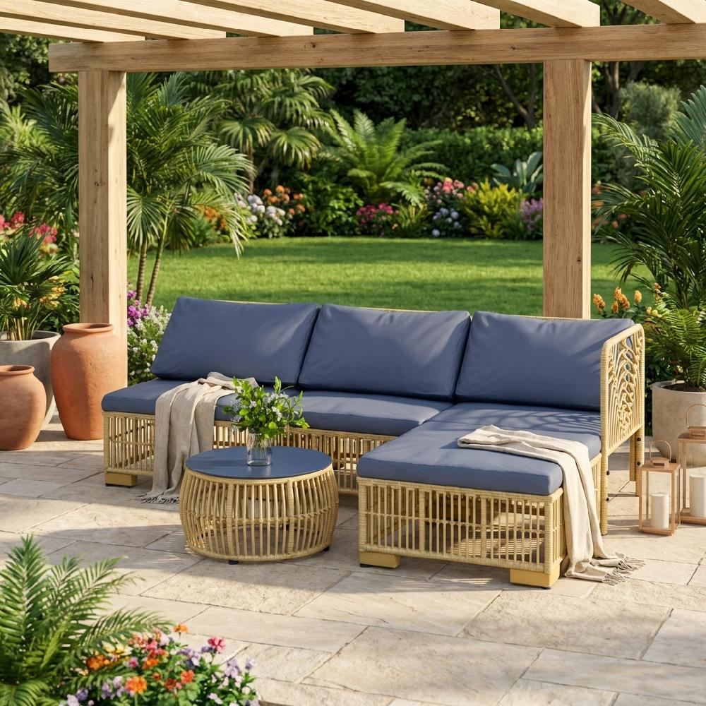 Un divano angolare in rattan con cuscini blu sotto un pergolato di legno in un giardino.