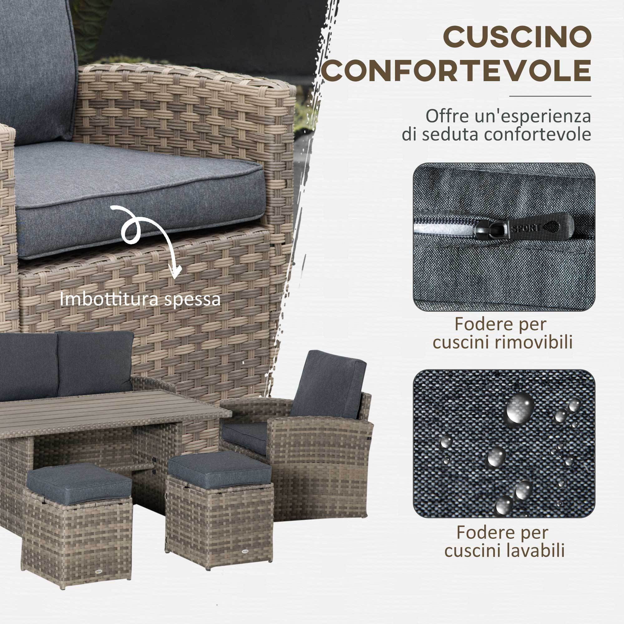 Mobili da giardino in rattan con cuscini grigi spessi, rimovibili e lavabili.