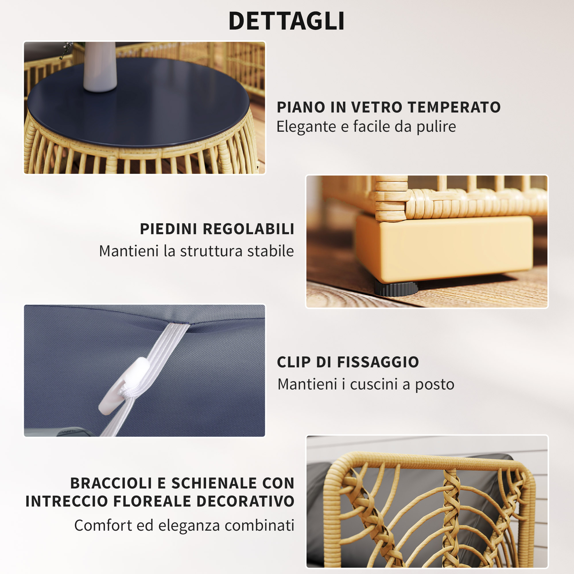 Dettagli mobili in rattan: piano vetro, piedini regolabili, clip, braccioli intrecciati.