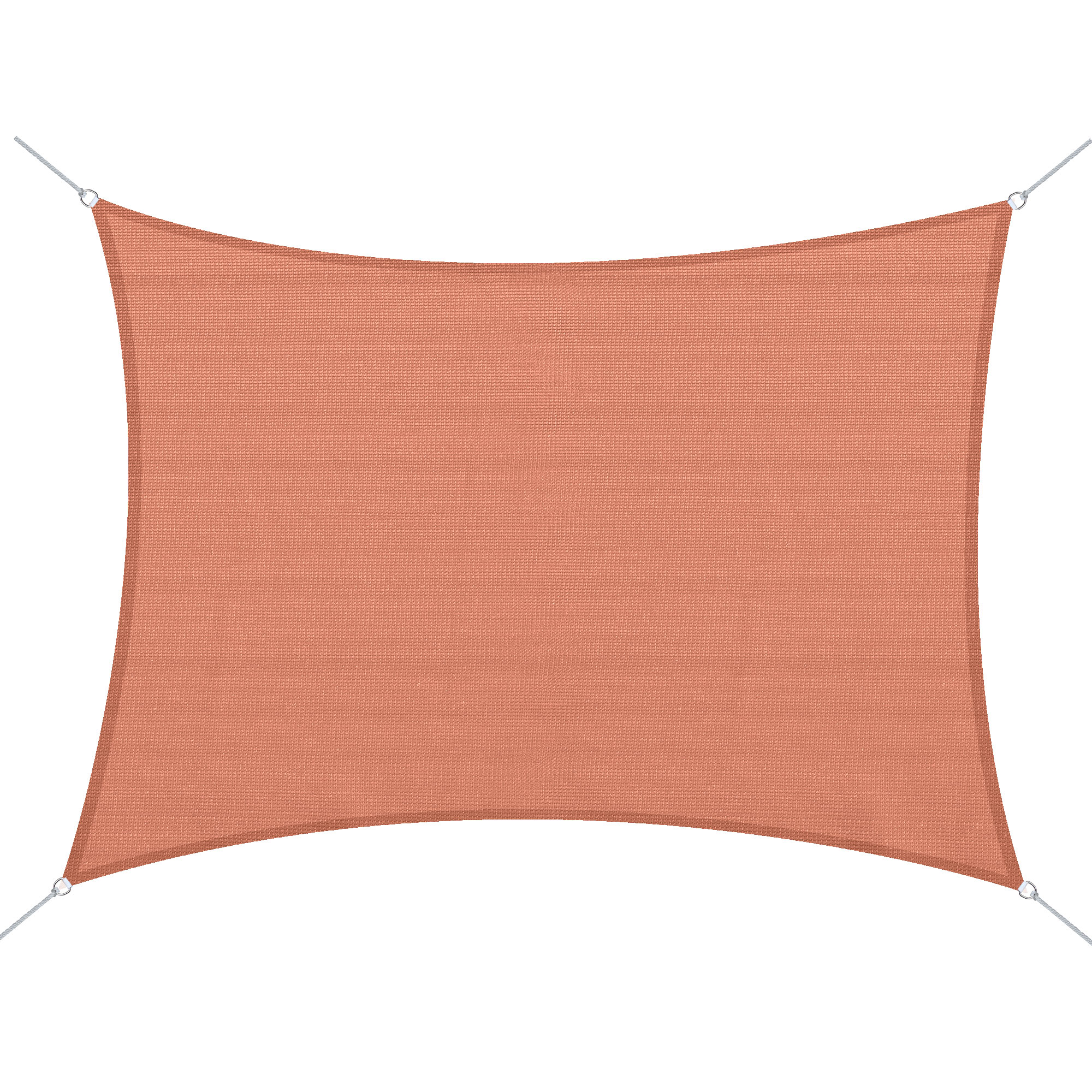 Una vela ombreggiante rettangolare color terracotta arancione con occhielli di fissaggio e cavi argentati.