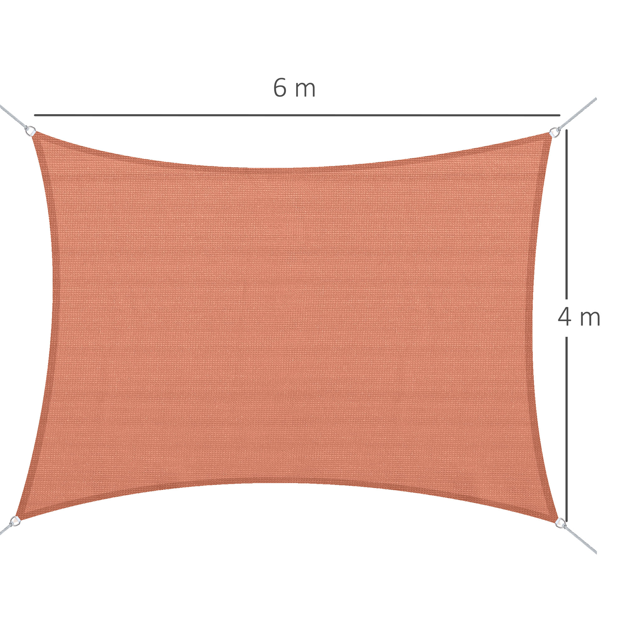 Telo parasole color corallo 6m x 4m, con corde fissate agli angoli.