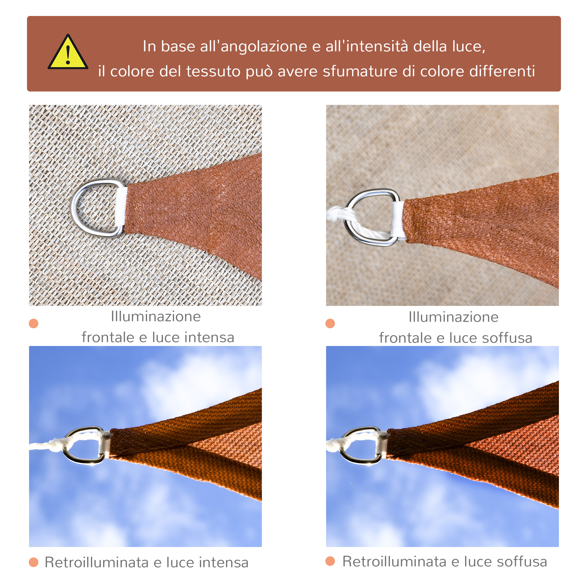 Tenda da sole marrone con anelli argentati in diverse condizioni di luce.