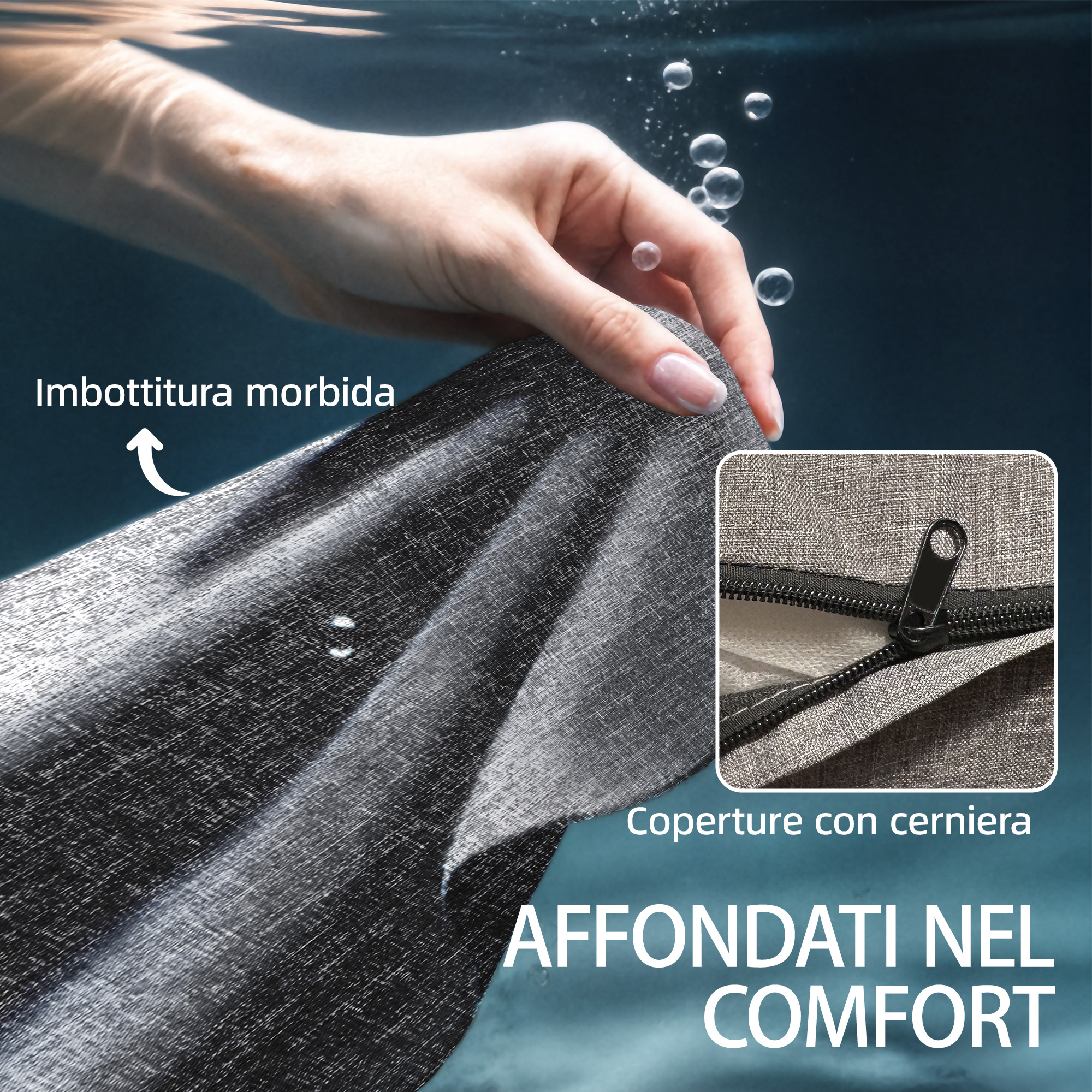 Una mano tocca un tessuto grigio scuro sott'acqua. Primo piano di una cerniera.