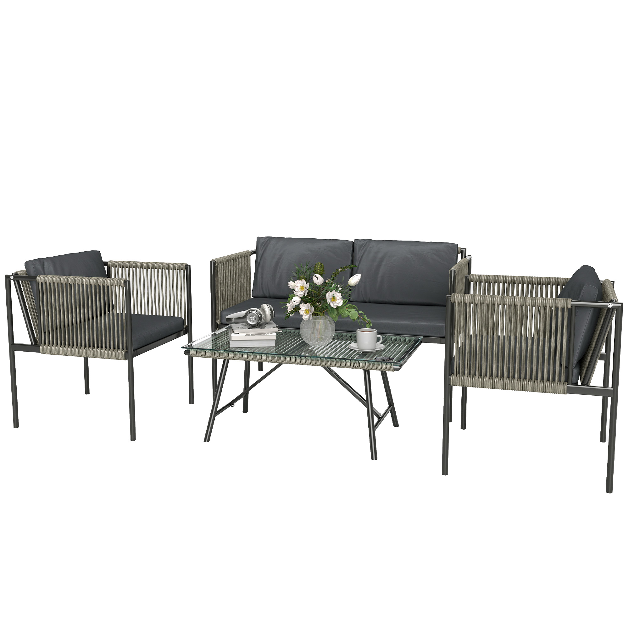 Un set da giardino con divano grigio, due poltrone e un tavolino di vetro.