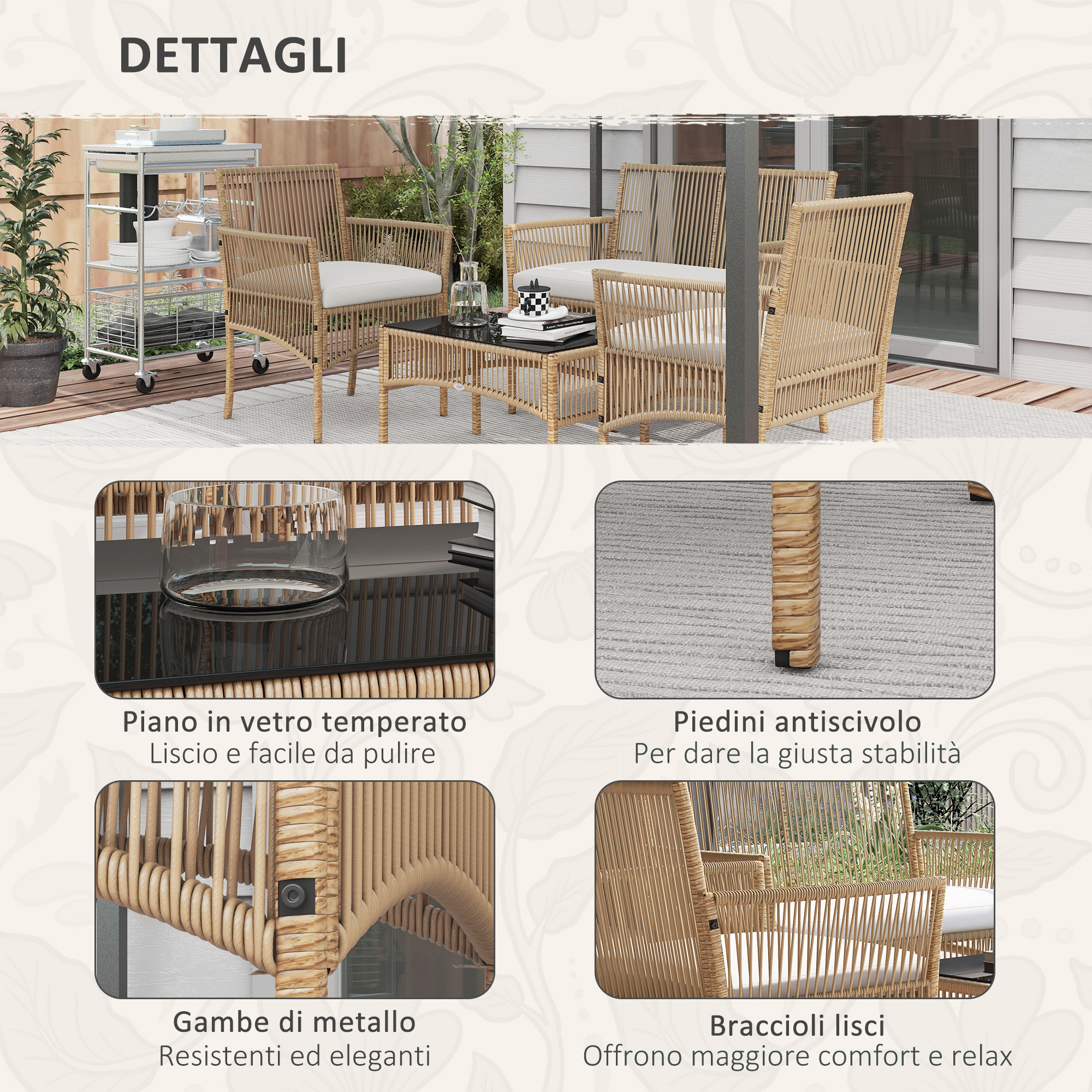 Mobili da esterno in vimini con cuscini bianchi su terrazzo in legno, con dettagli.