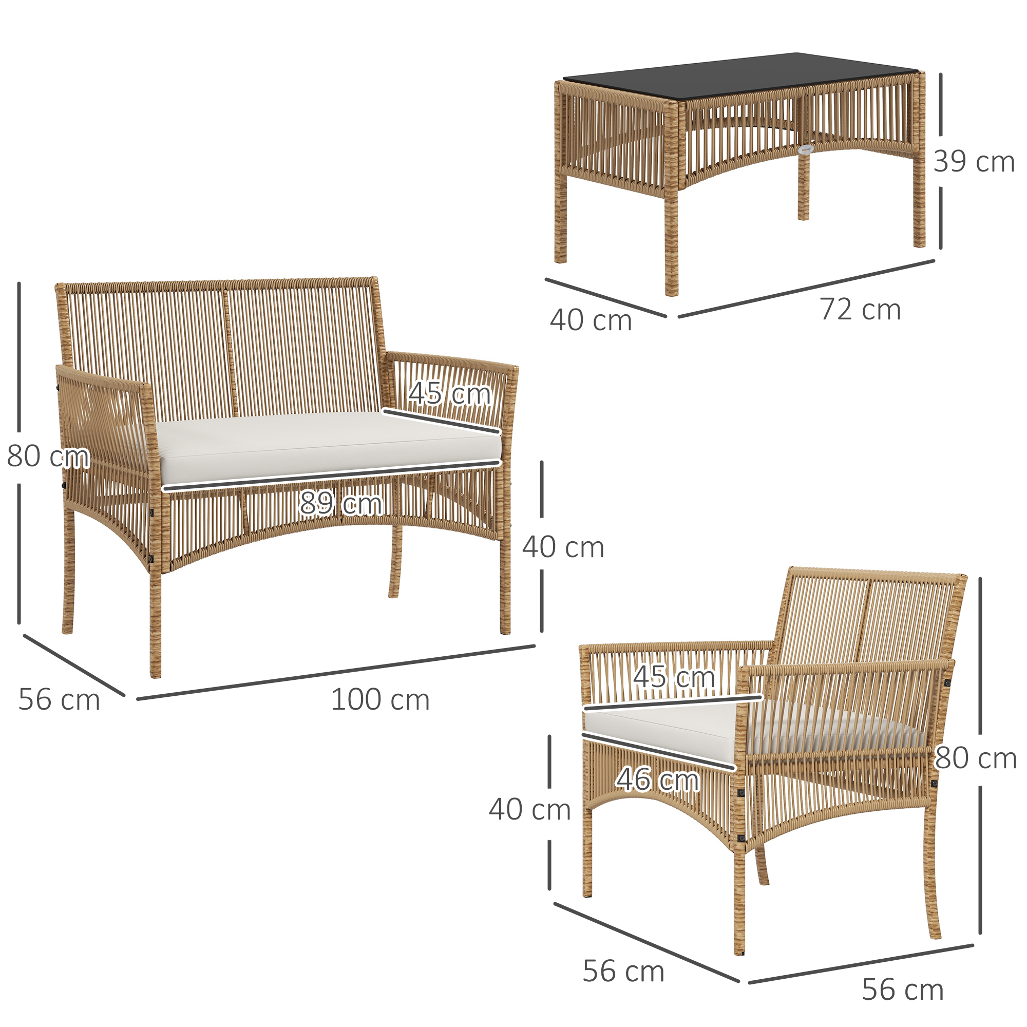 Set di mobili da giardino in rattan marrone: divanetto, poltrona, tavolo con misure.