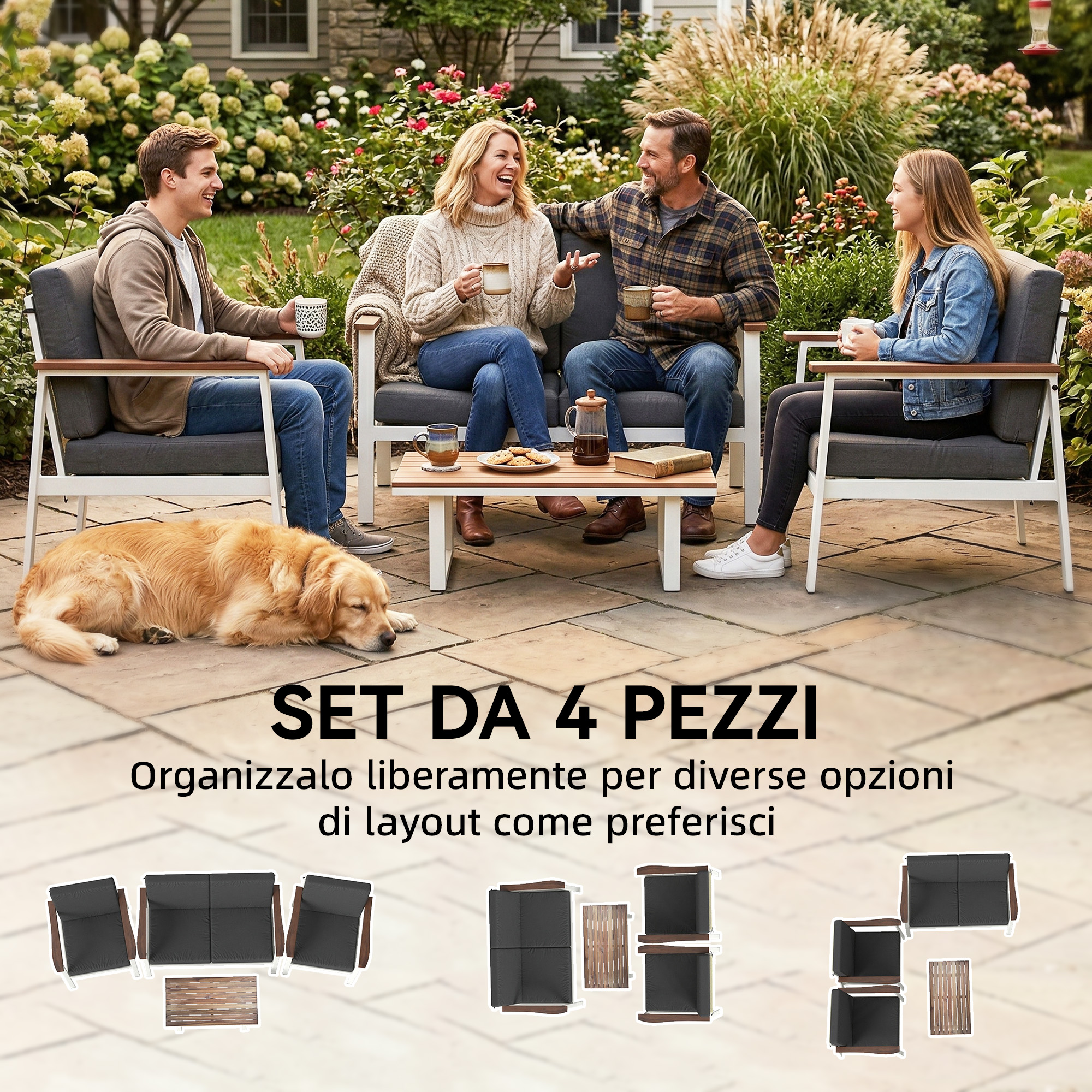 Famiglia e cane si rilassano sui mobili da giardino. Due coppie siedono su sedie e divano con bevande.