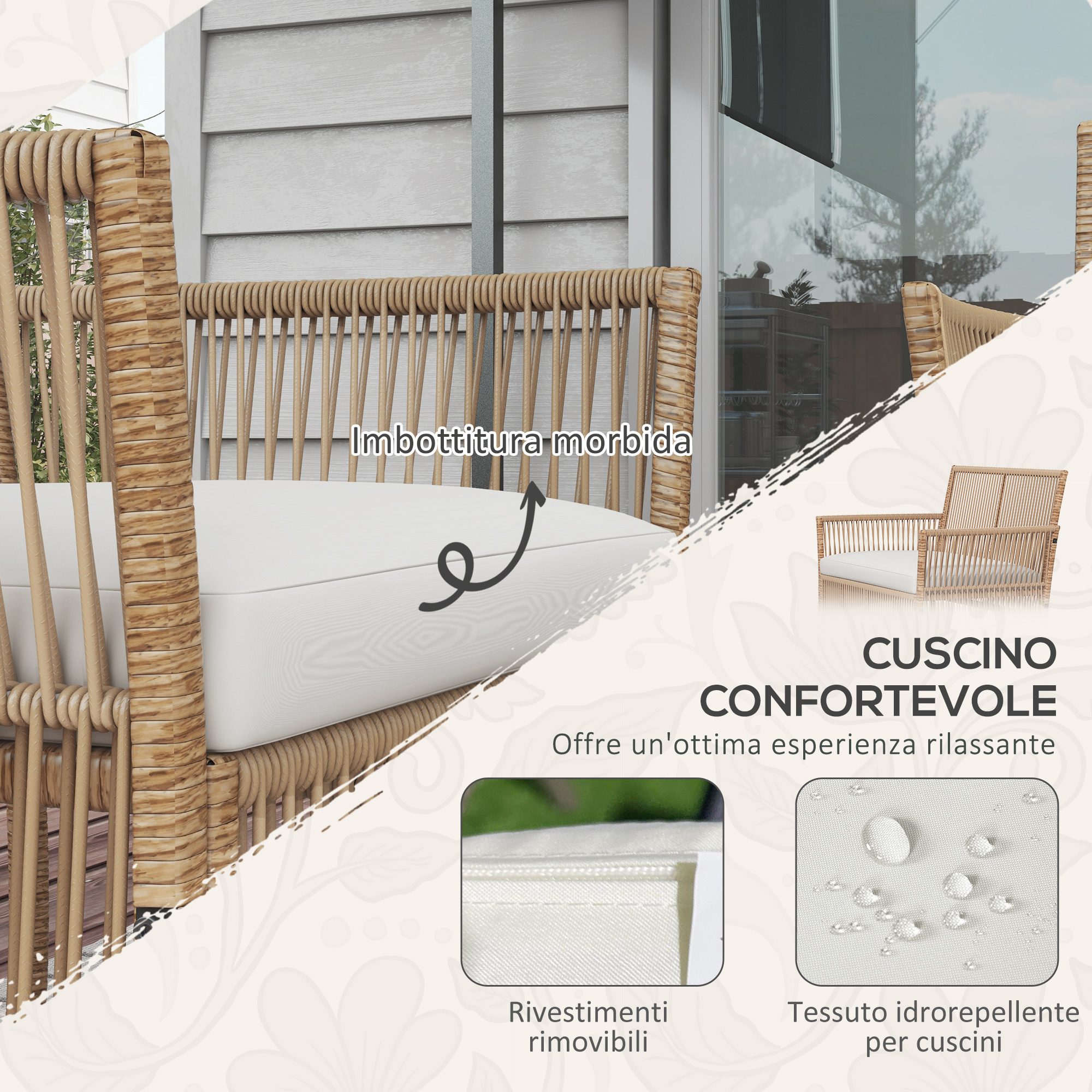 Poltrona in vimini con cuscino bianco, tessuto idrorepellente, fodere rimovibili.