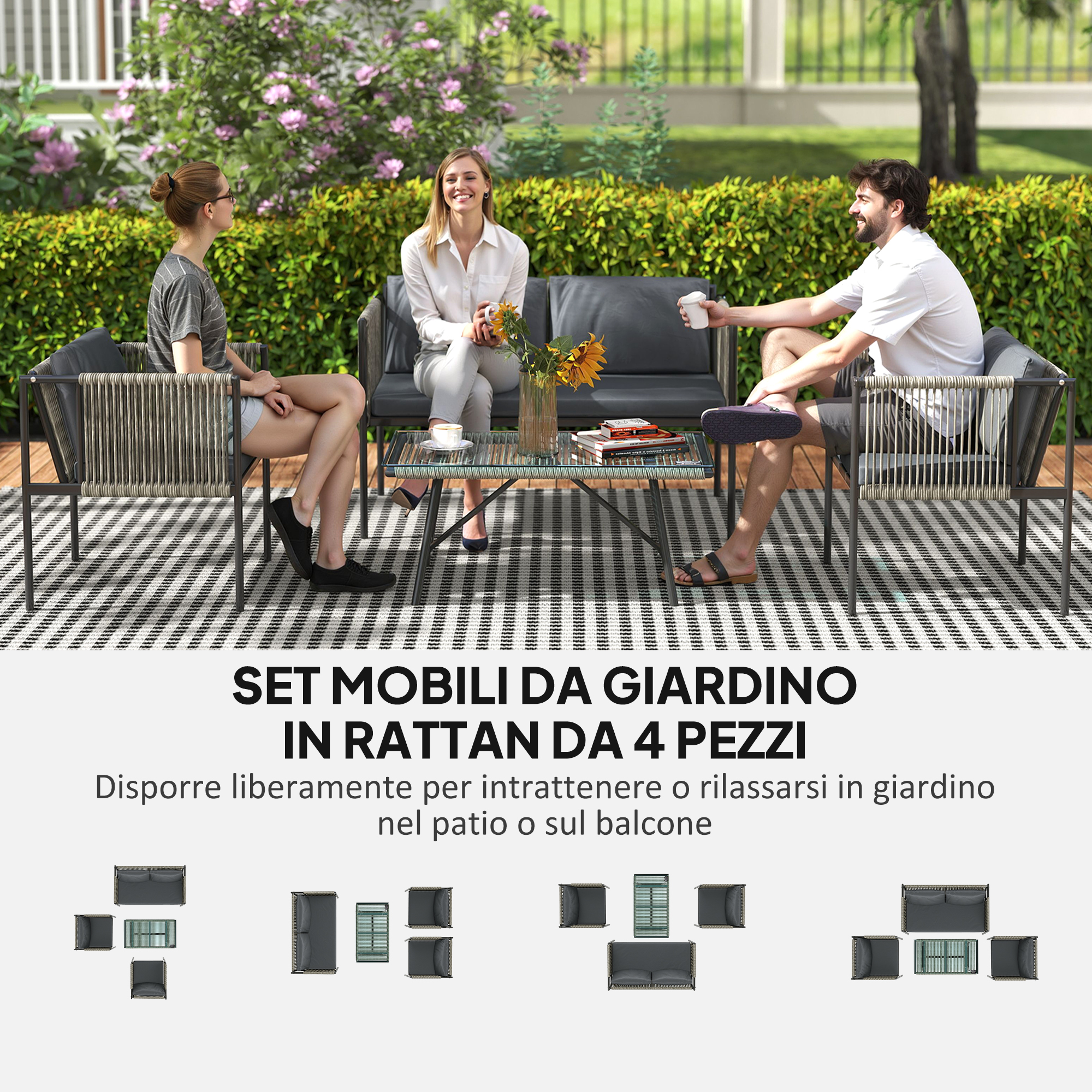 Tre persone sedute su mobili da giardino in rattan, con fiori e libri sul tavolo.