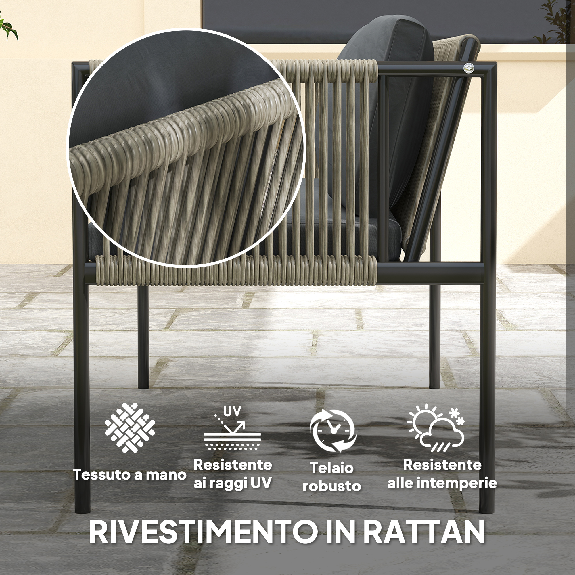 Sedia da esterno effetto rattan con cuscino scuro. Resistente a UV e intemperie.