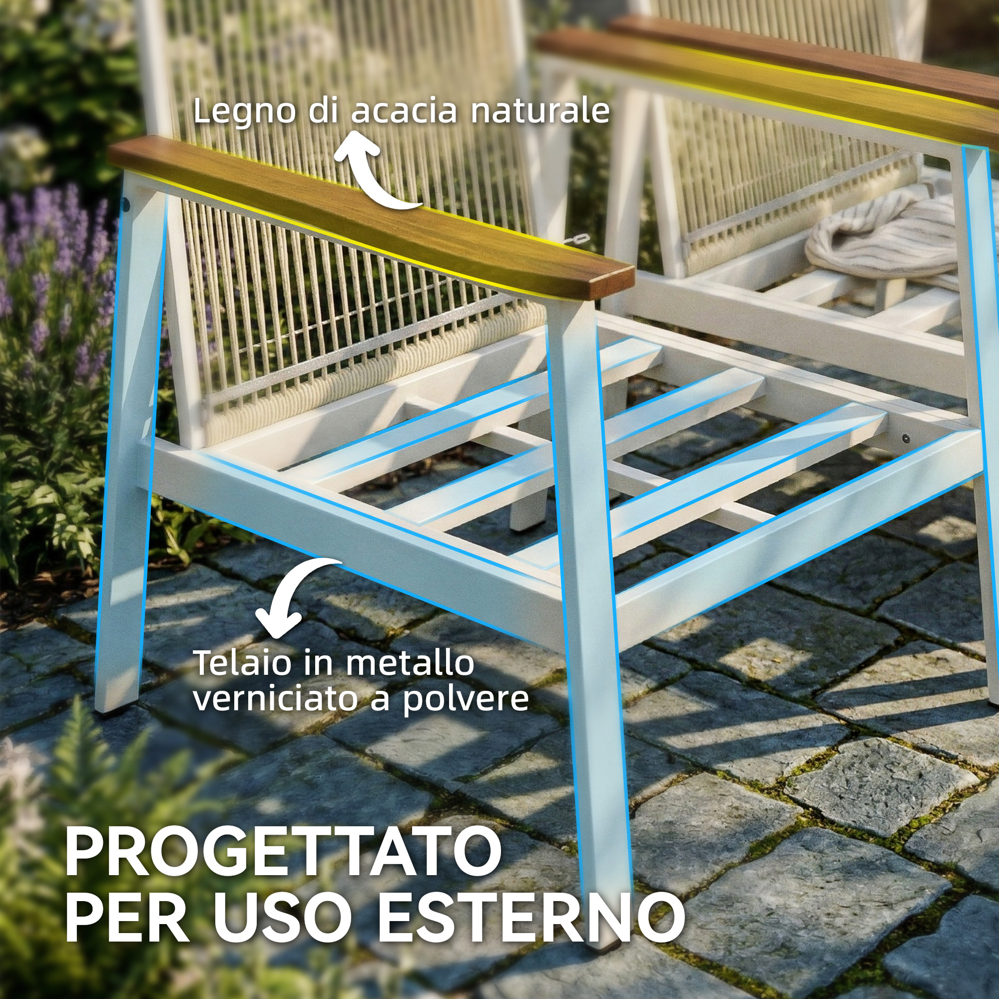 Una sedia con telaio in metallo bianco e braccioli in legno di acacia all'aperto.