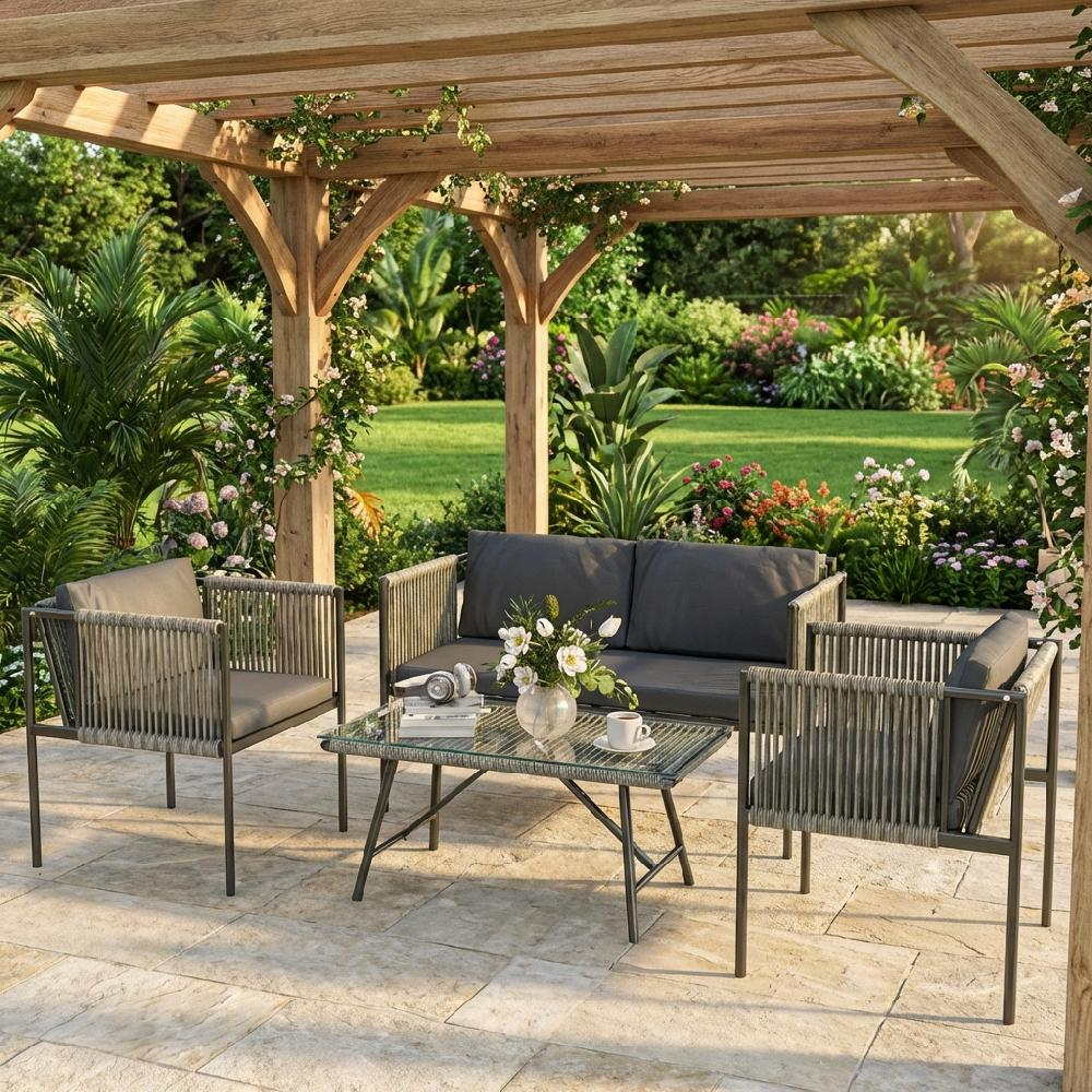 Set di mobili da esterno sotto pergola in legno con giardino fiorito.