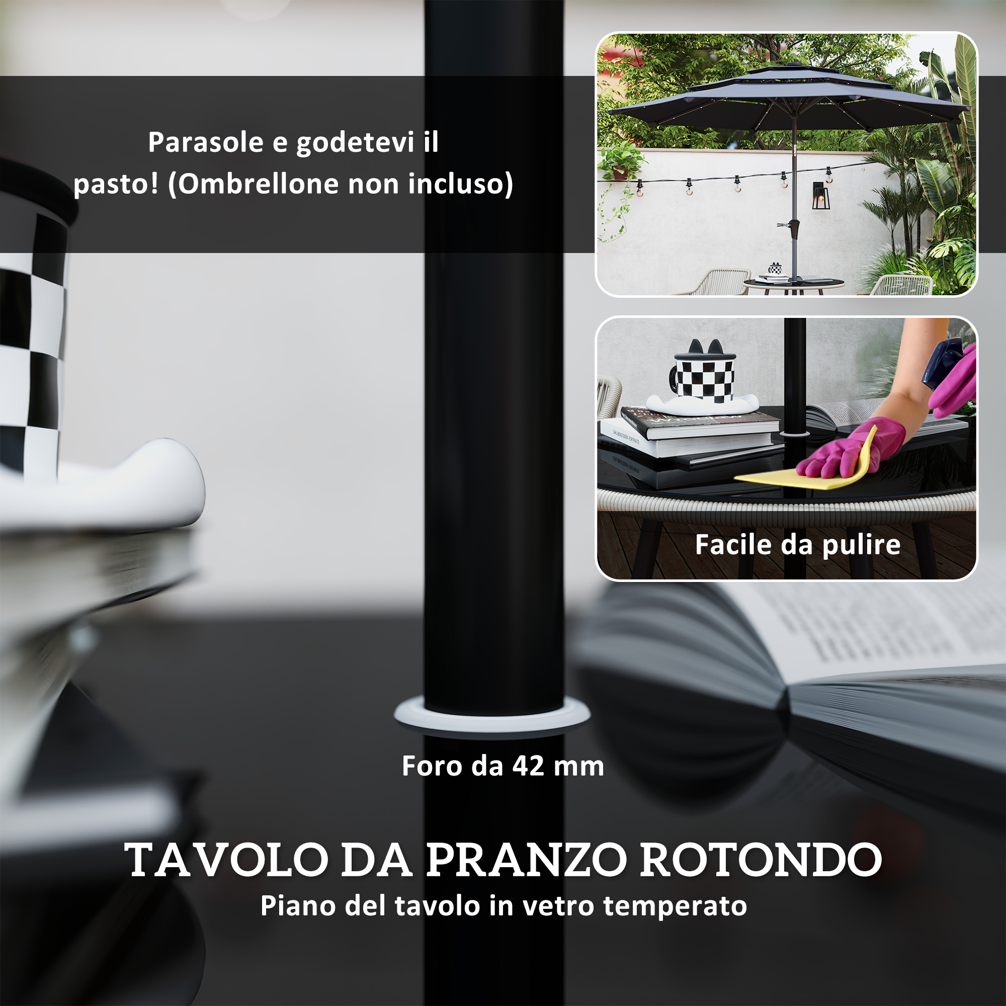 Tavolo da pranzo rotondo con foro ombrellone da 42 mm.