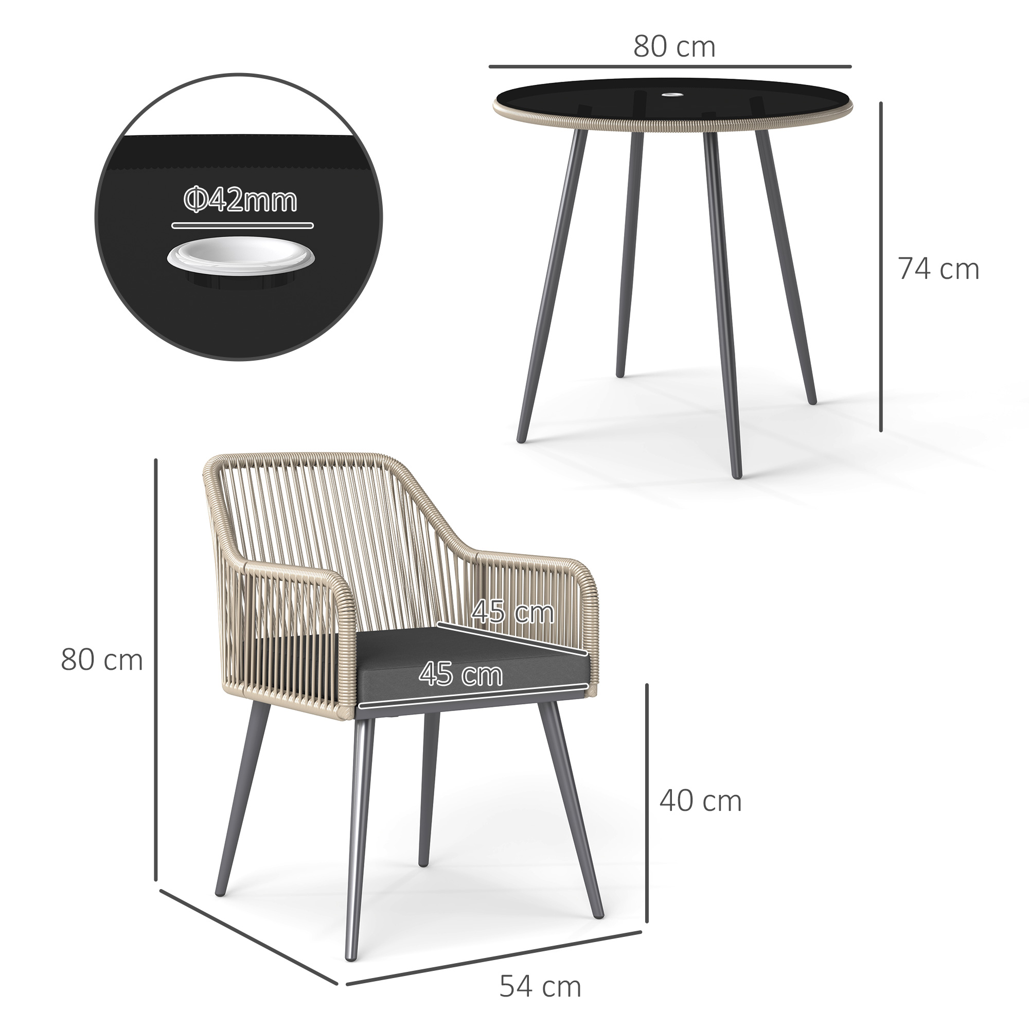 Un tavolo (80cm) e una sedia (80cm) con dimensioni.