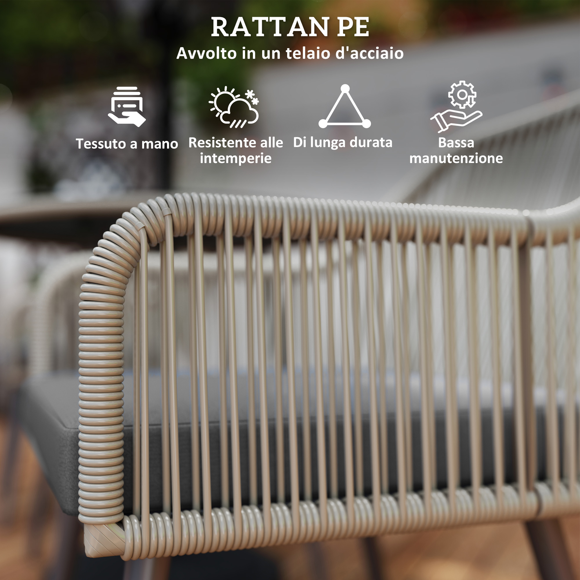 Mobili in rattan PE con telaio in acciaio, fatti a mano, resistenti.