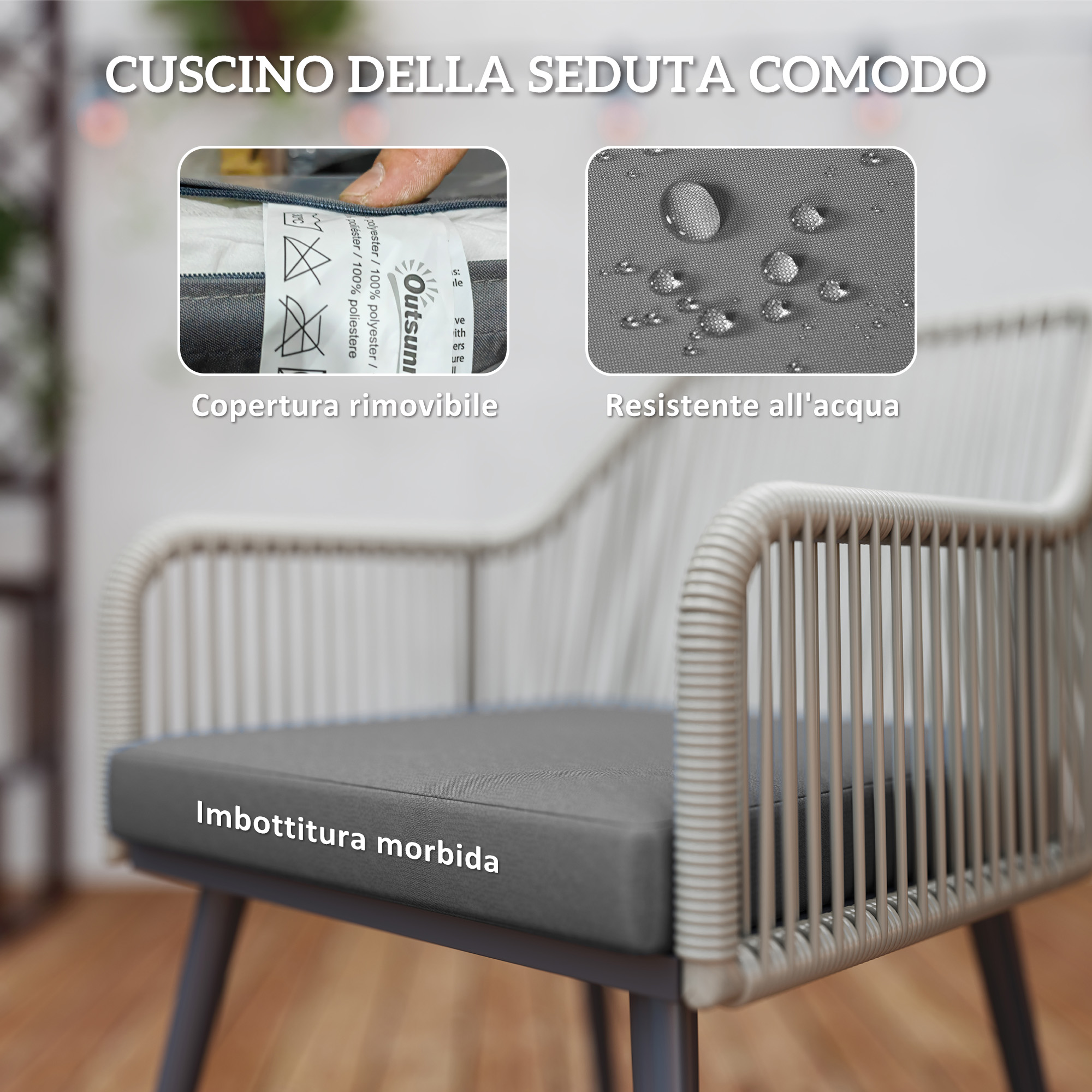 Cuscino seduta grigio, rimovibile, resistente all'acqua.