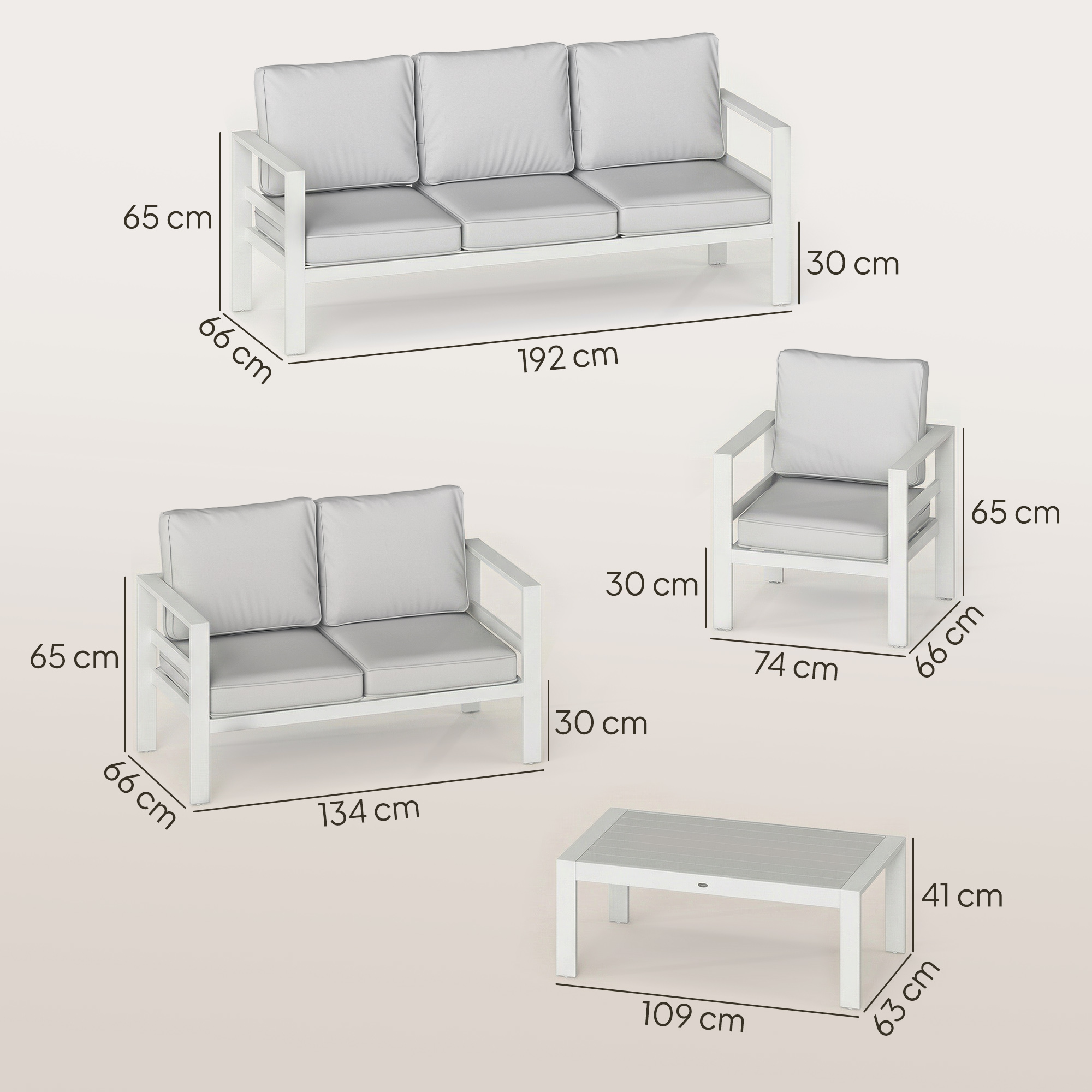 Set mobili da esterno bianchi: divano 3 posti, 2 posti, poltrona, tavolo con dimensioni.