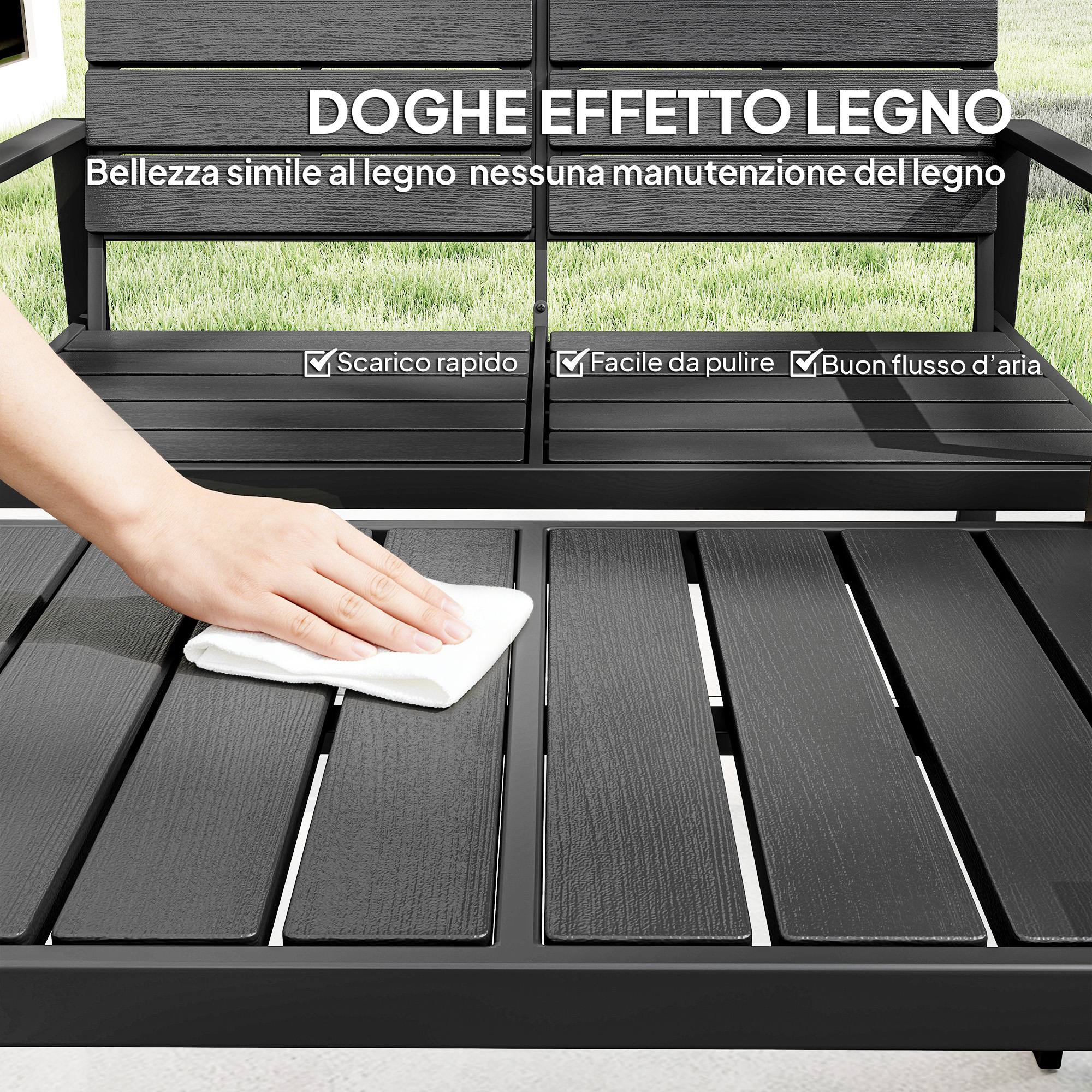 Mano pulisce doghe scure effetto legno. Testo: Aspetto legno, facile manut.