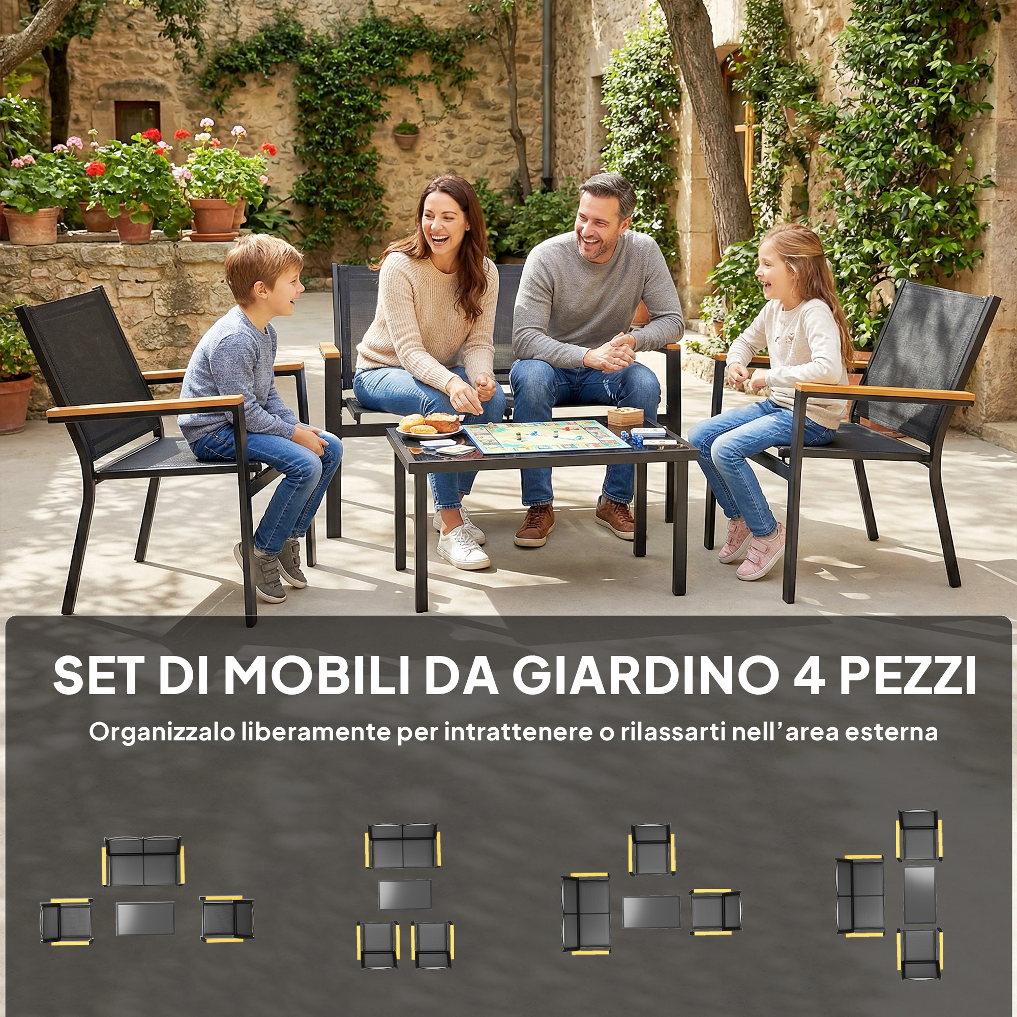 Famiglia gioca a un gioco da tavolo in giardino su un set di mobili da 4 pezzi.