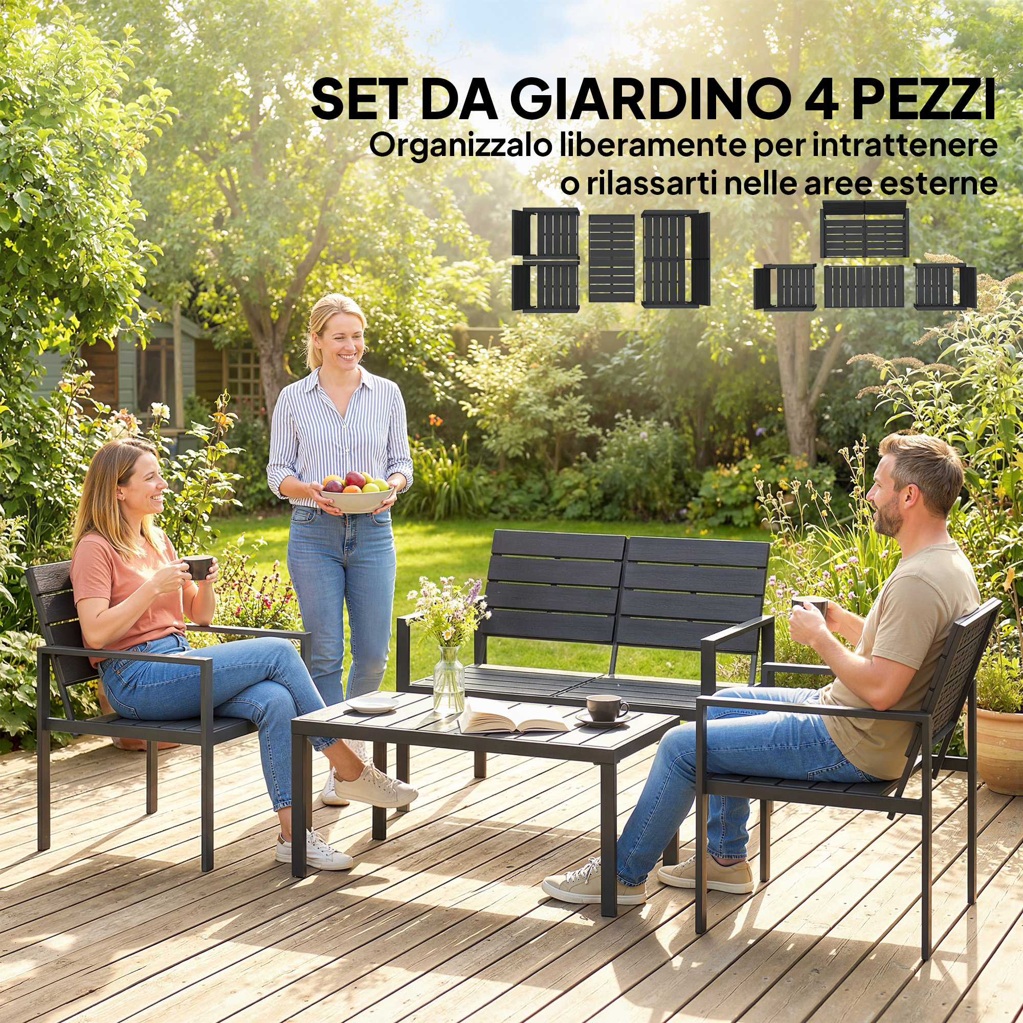 Persone rilassate su mobili da giardino in un cortile soleggiato.