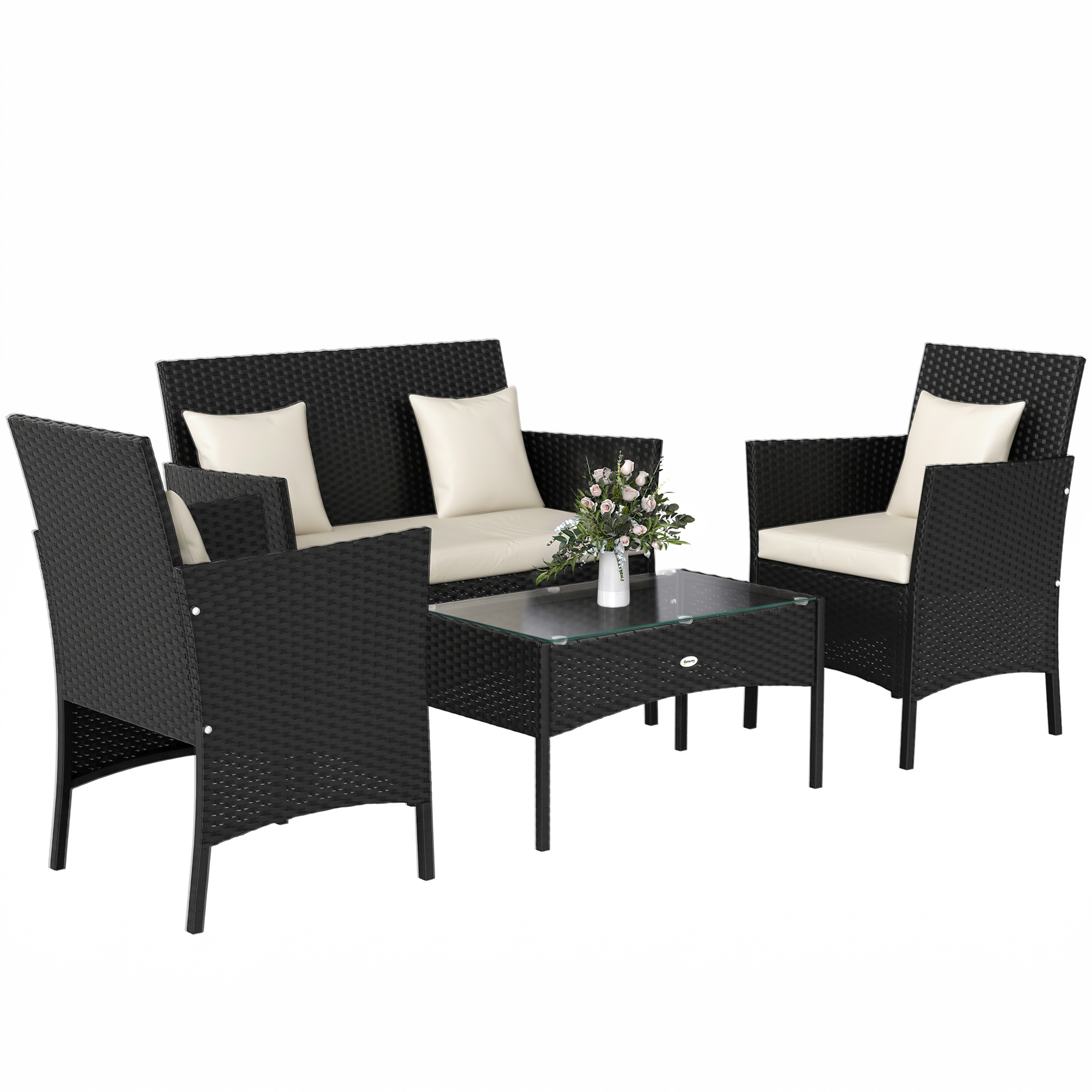Set di mobili da esterno in rattan nero con cuscini color crema: divano, 2 poltrone, tavolino.