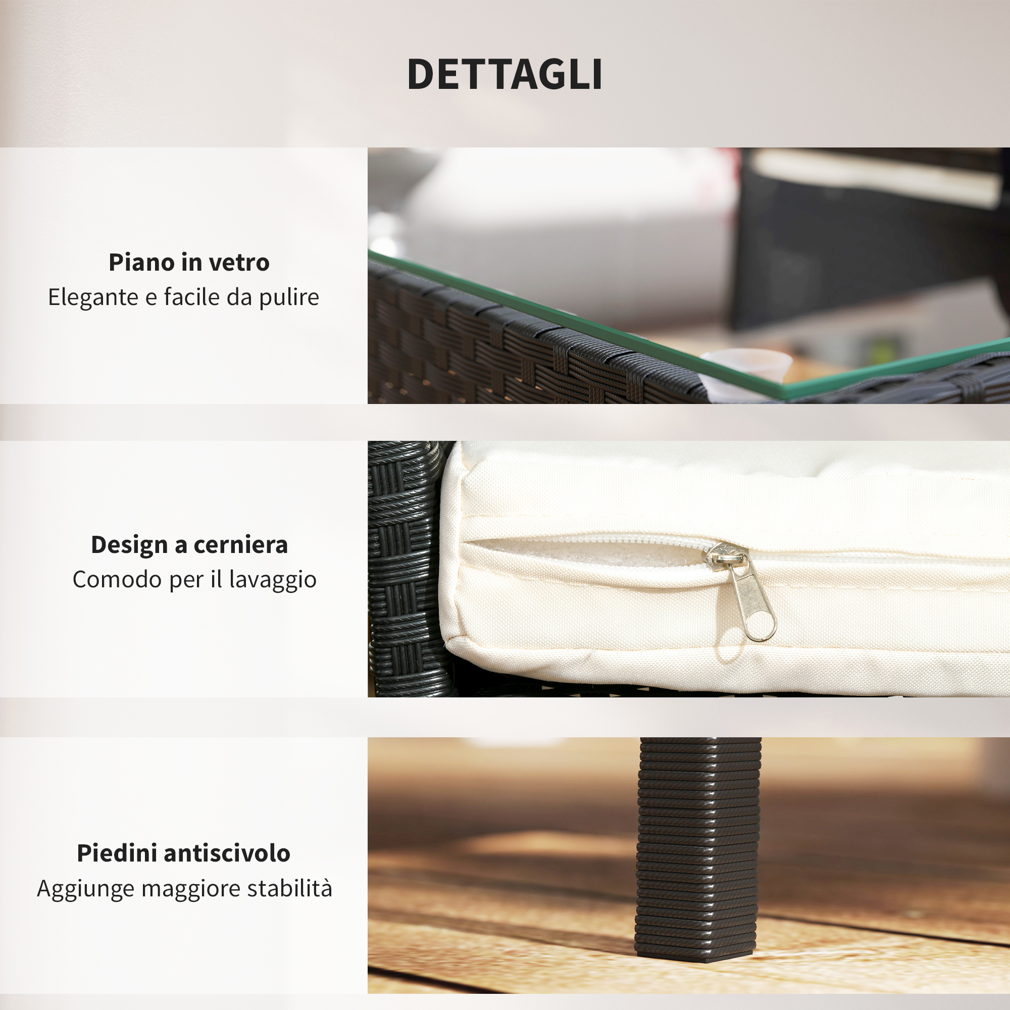 Piano in vetro, cuscino con zip, piedini antiscivolo su pavimento legno.