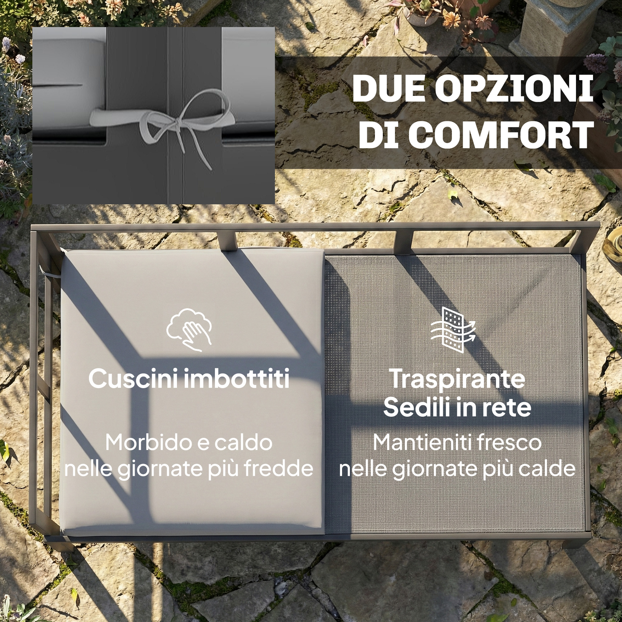 Cuscini imbottiti e sedili in rete traspirante.