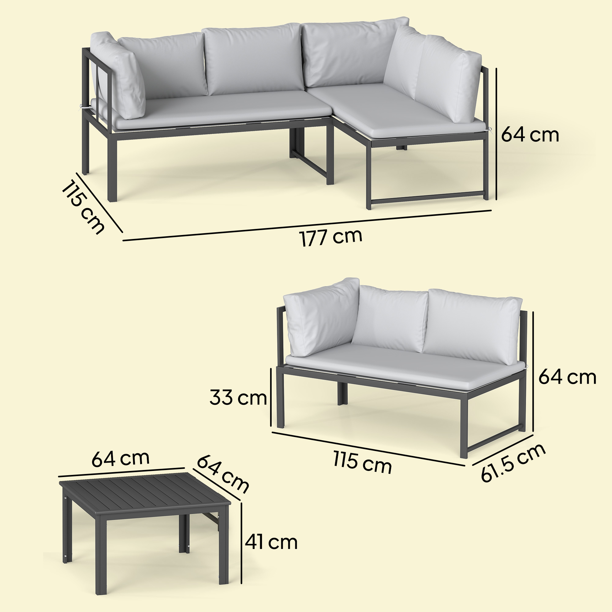 Divano angolare grigio con cuscini e tavolo, dimensioni indicate.