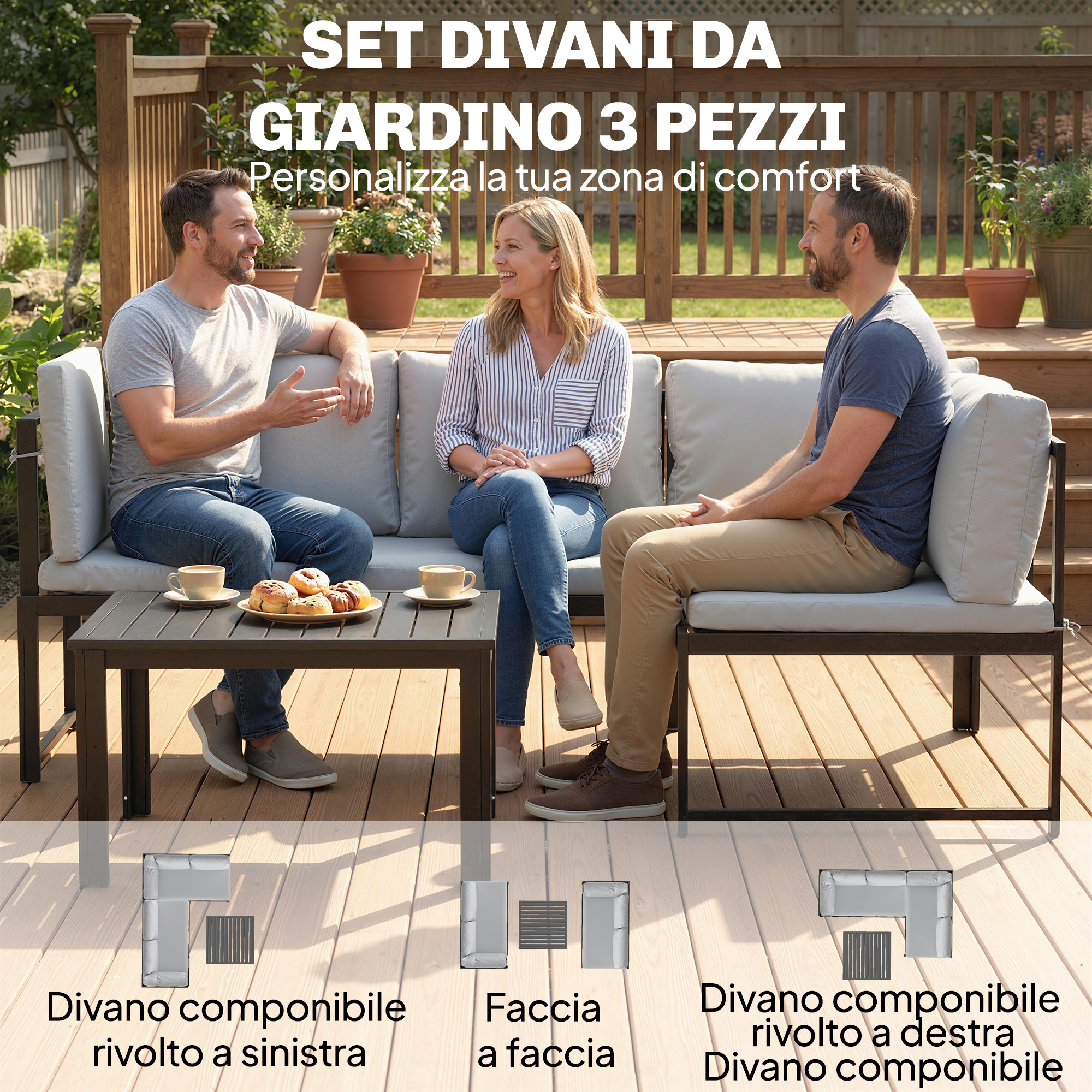 Tre persone rilassano su un divano modulare da giardino con tavolino.