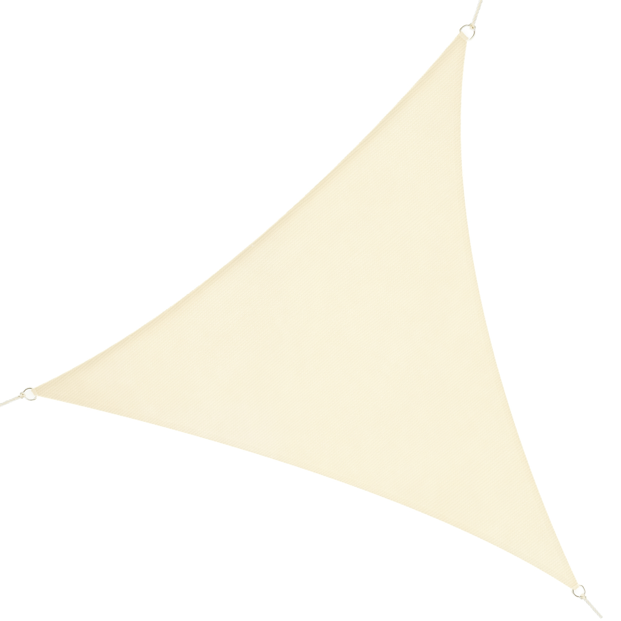 Una vela parasole in tessuto beige con anelli a D agli angoli, su sfondo bianco.