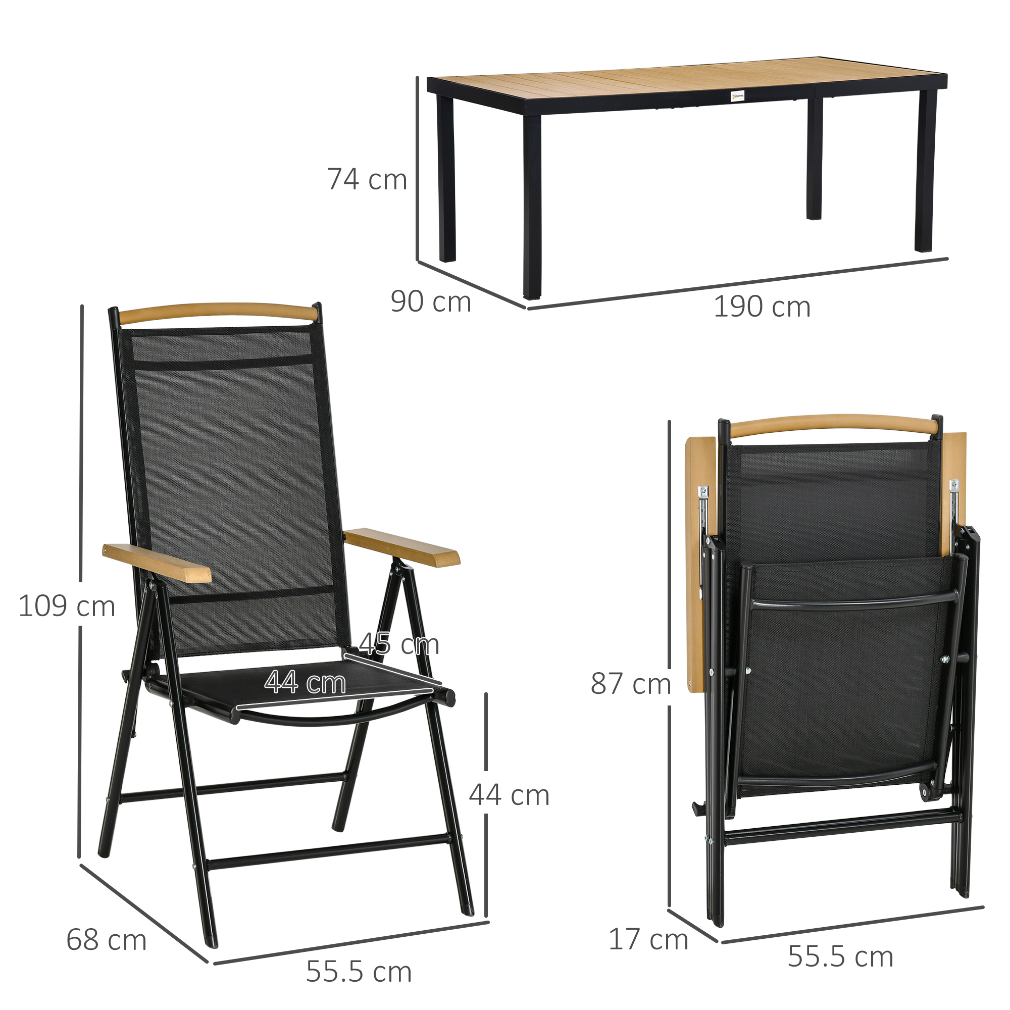 Un tavolo e sedie con dimensioni. Il tavolo è 190x90x74cm, la sedia 55,5x55,5x109cm.