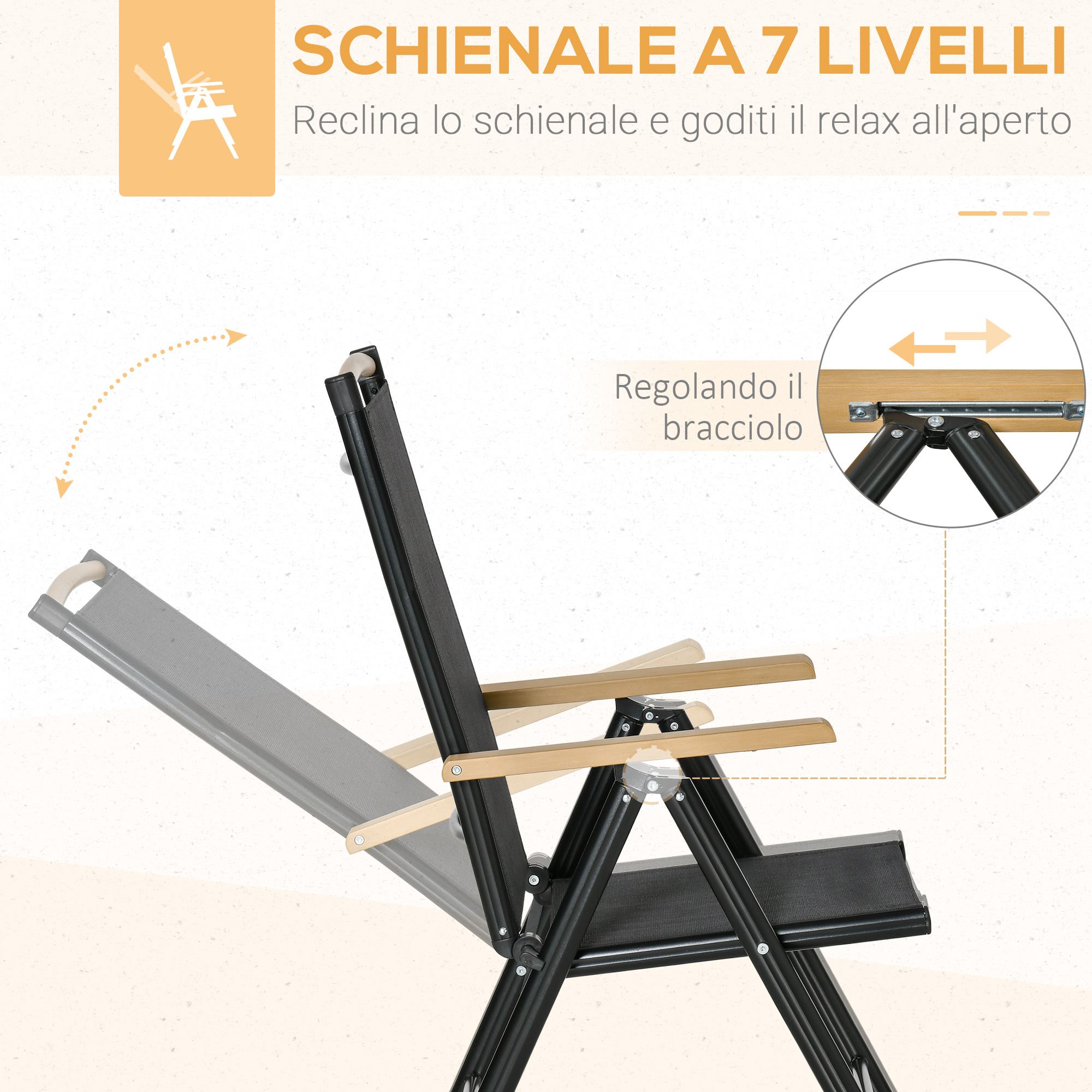 Sedia a sdraio nera con braccioli in legno e schienale regolabile.