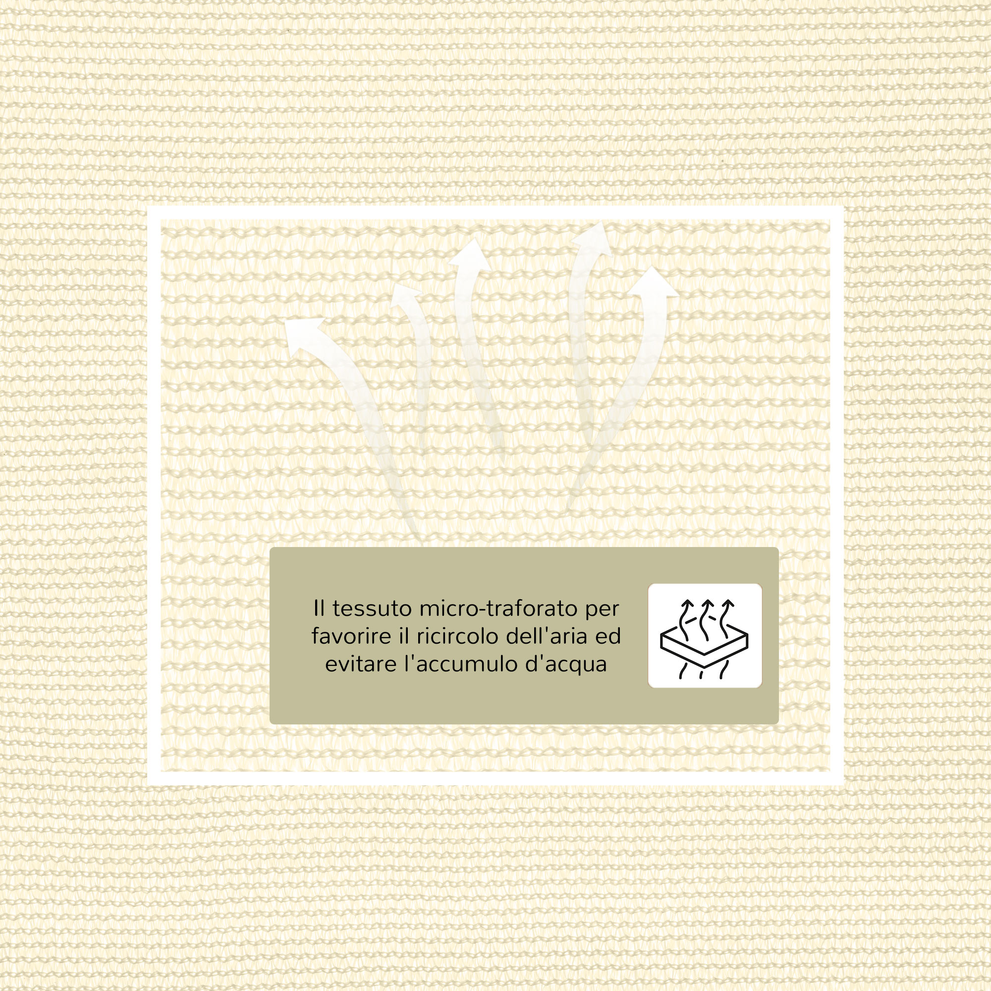 Tessuto a rete beige chiaro con diagramma di circolazione aria.
