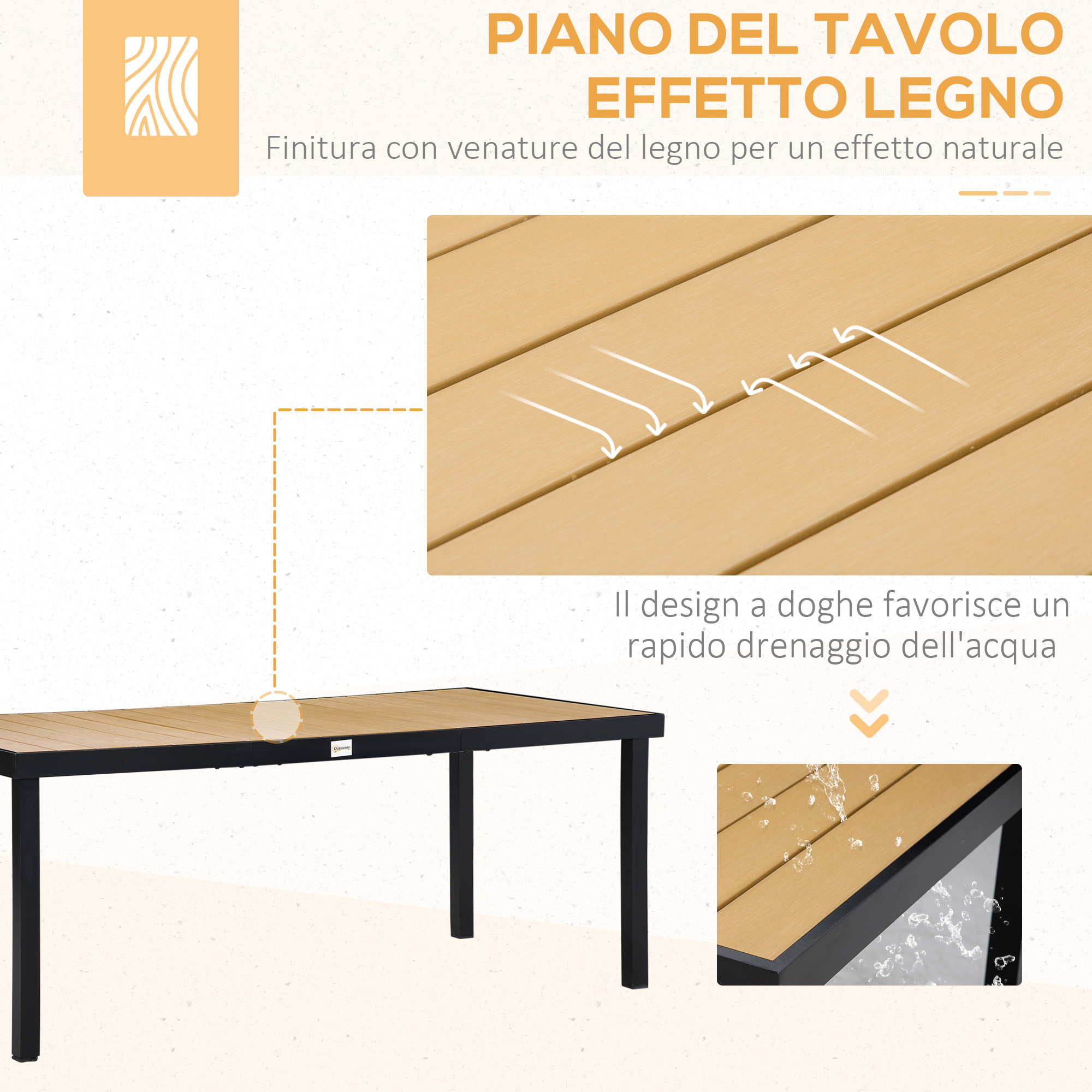 Piano tavolo effetto legno marrone con telaio nero, mostra drenaggio acqua.