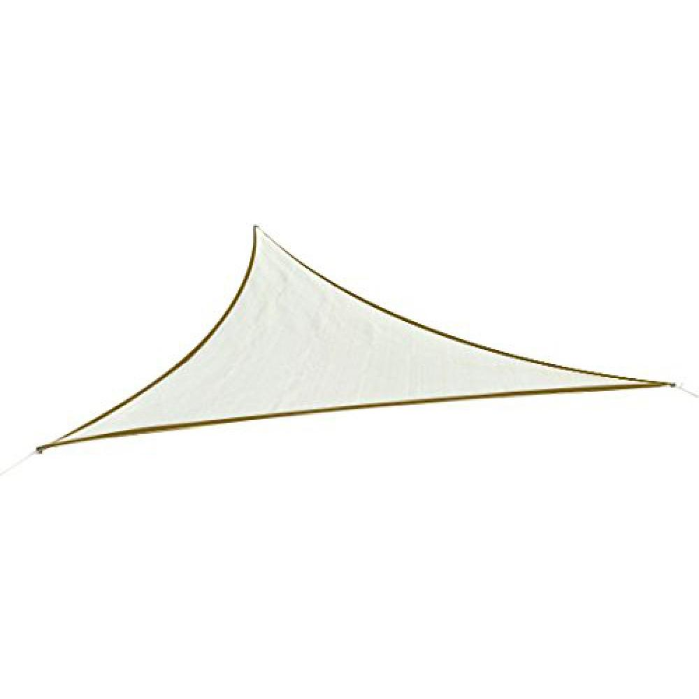Una vela parasole bianca con bordi marroni, fissata a tre angoli.
