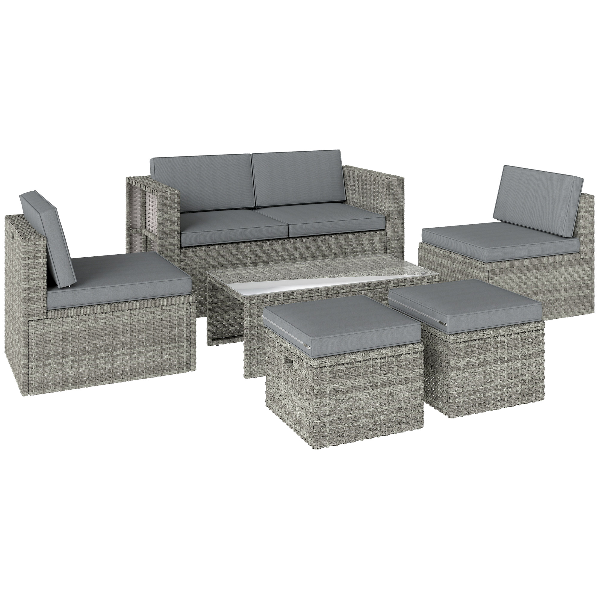 Set divano in rattan grigio con cuscini, include divano a due posti, poltrona, tavolino e pouf.