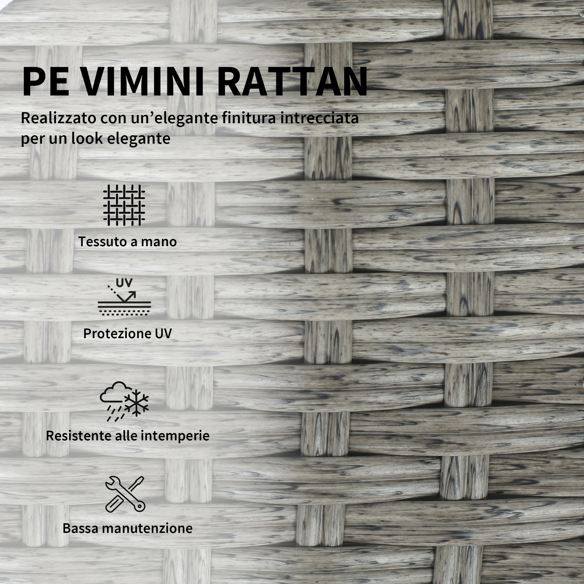 Rattan PE: Tessuto a mano, protezione UV, resistente alle intemperie.
