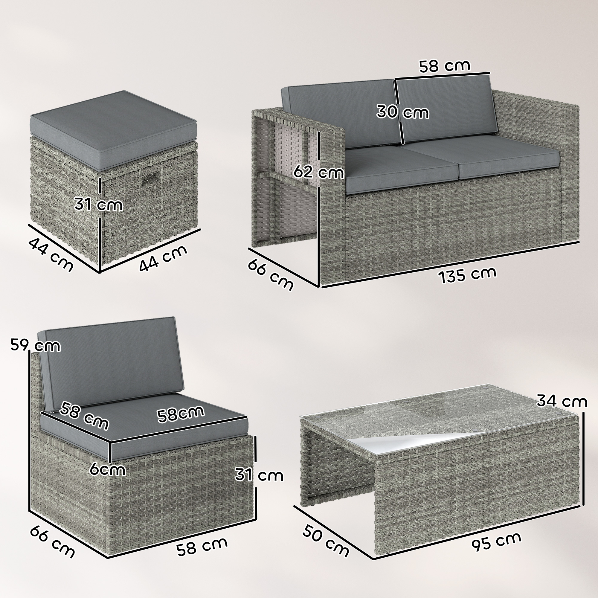 Set divano in rattan grigio con dimensioni: Pouf 44x44x31cm, Divano 135x66x62cm, Poltrona 66x58x59cm, Tavolo 95x50x34cm.