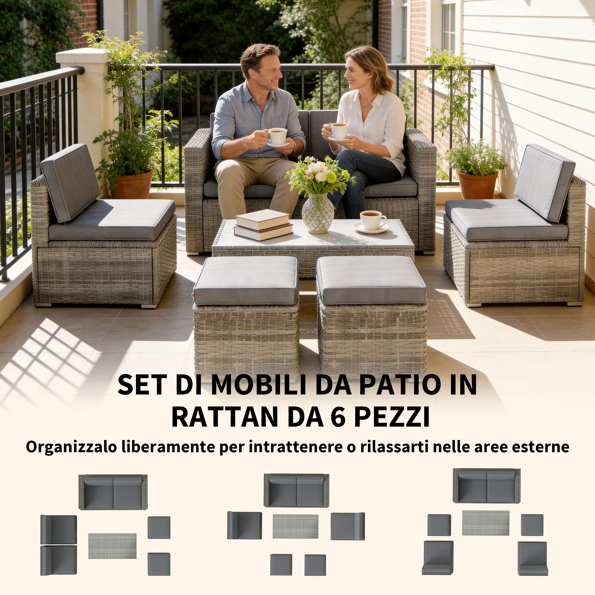 Una coppia beve caffè su un set di mobili da patio in rattan con tavolo.