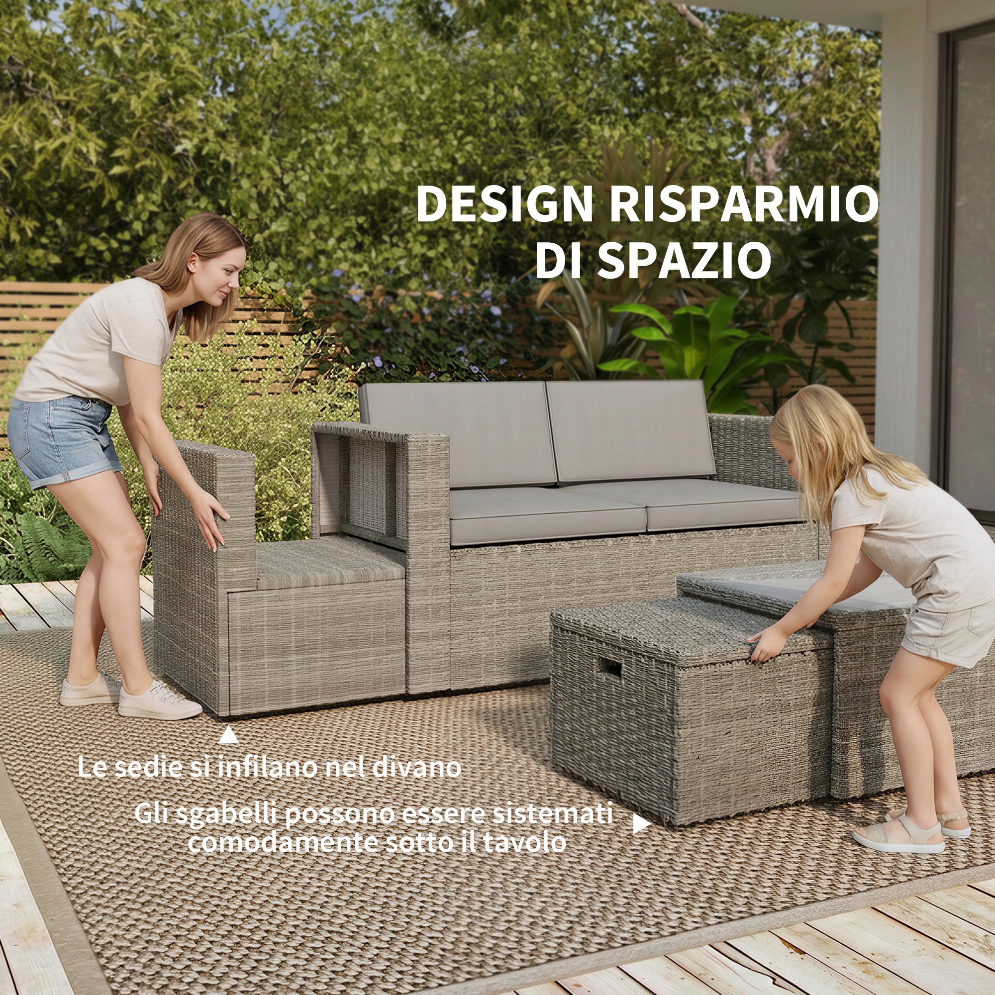 Donna e bambino dispongono un set di mobili da esterno grigi.