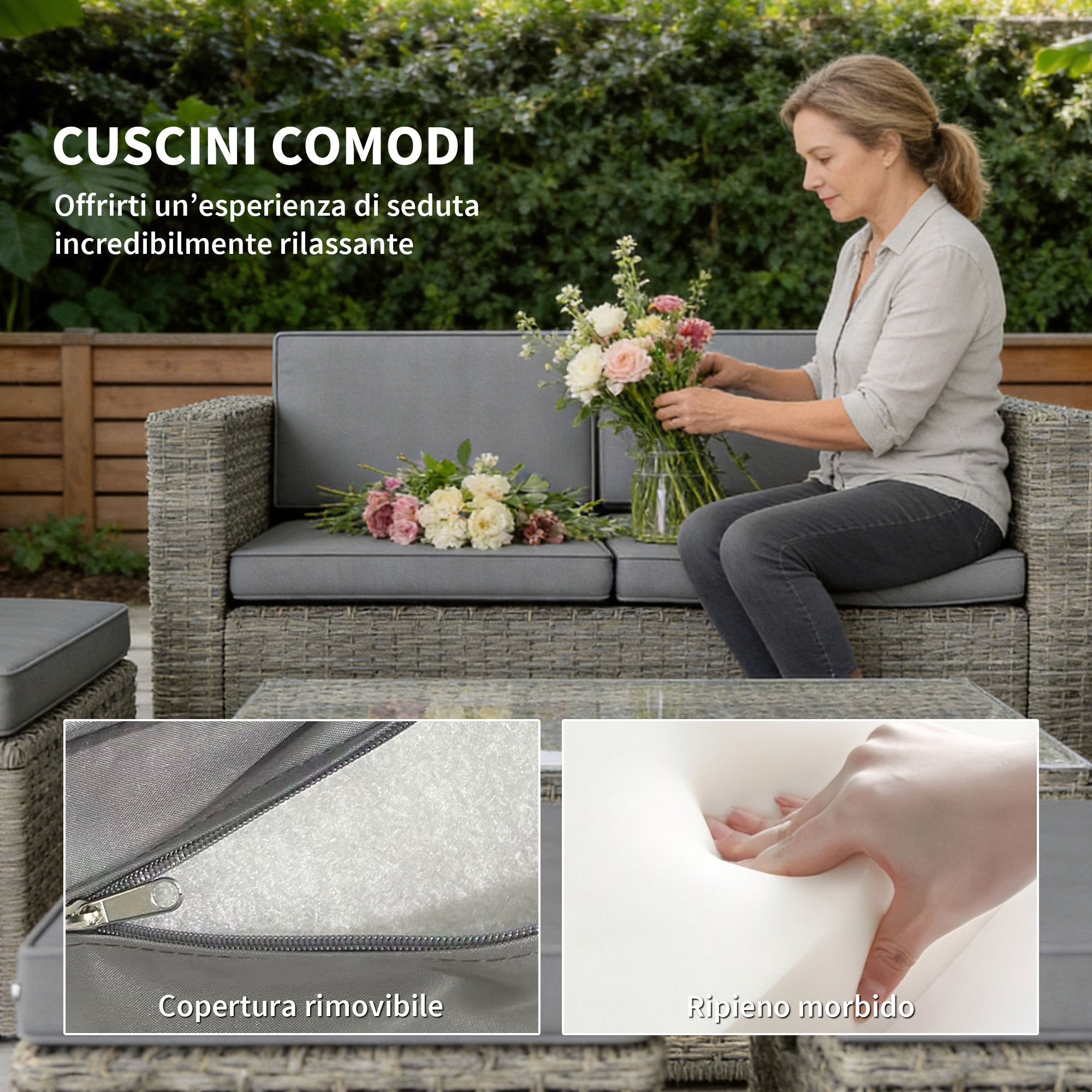 Donna sistema fiori su divano grigio in rattan con cuscini. Dettagli mostrano copertura rimovibile e imbottitura morbida.